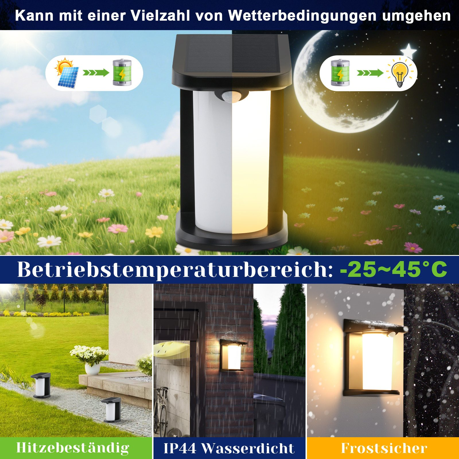 Una lampada da esterno nera e bianca alimentata a energia solare con icone delle condizioni meteorologiche.