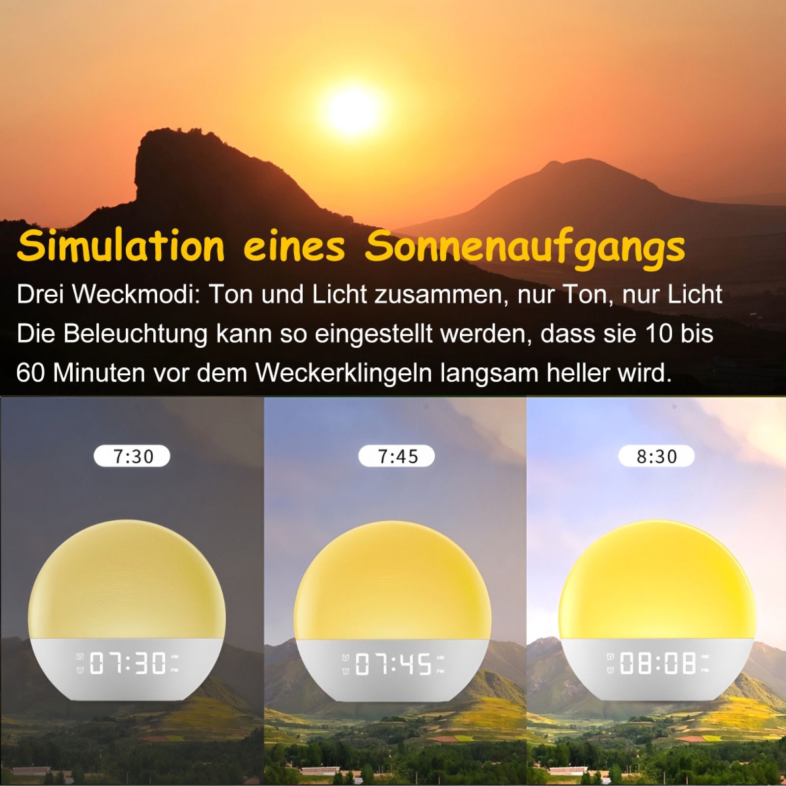 Sonnenaufgangssimulation mit gelbem Wecker zu verschiedenen Zeiten, mit Bergkulisse.