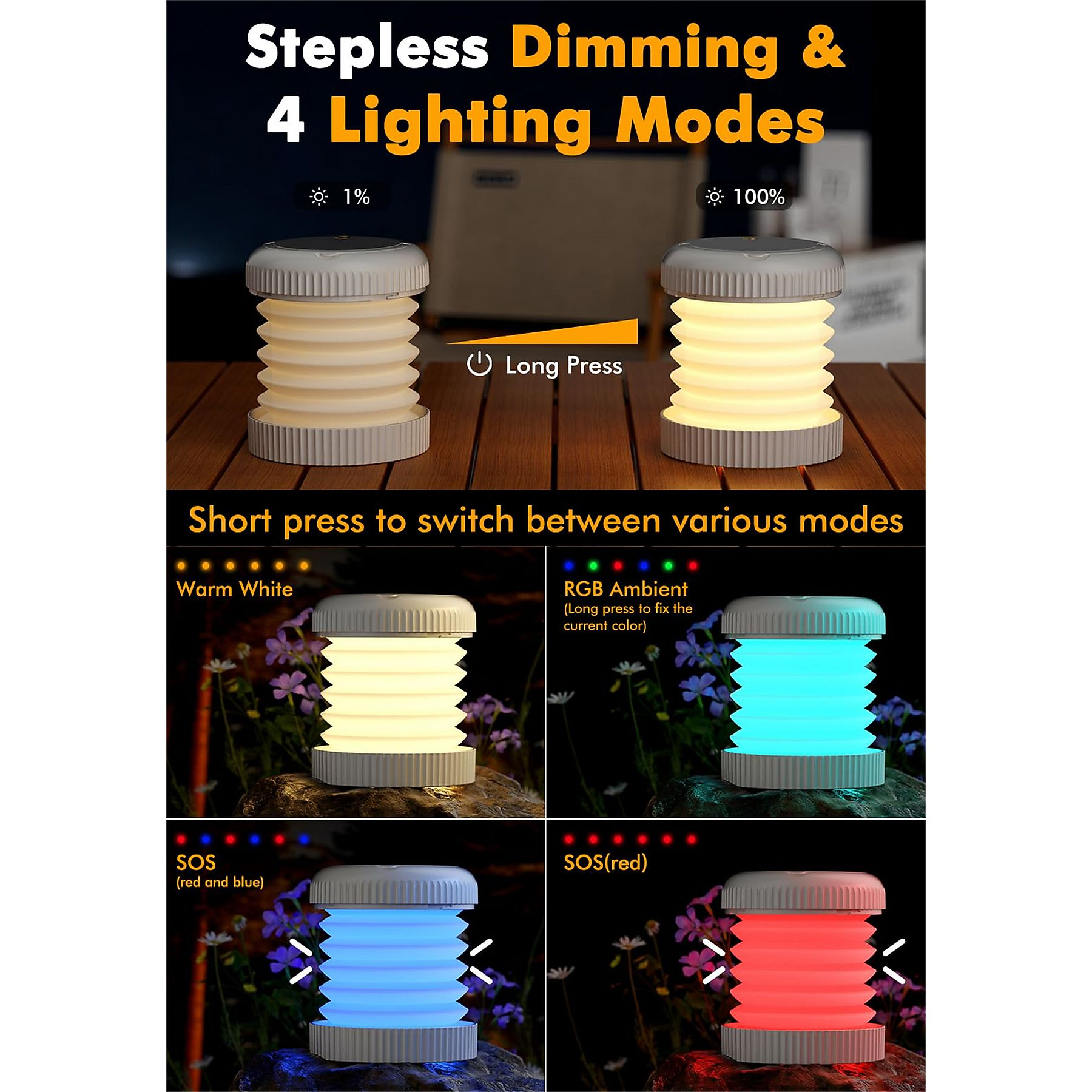 Eine tragbare Laterne mit verschiedenen Lichtmodi, einschließlich warmweiß, RGB und SOS.