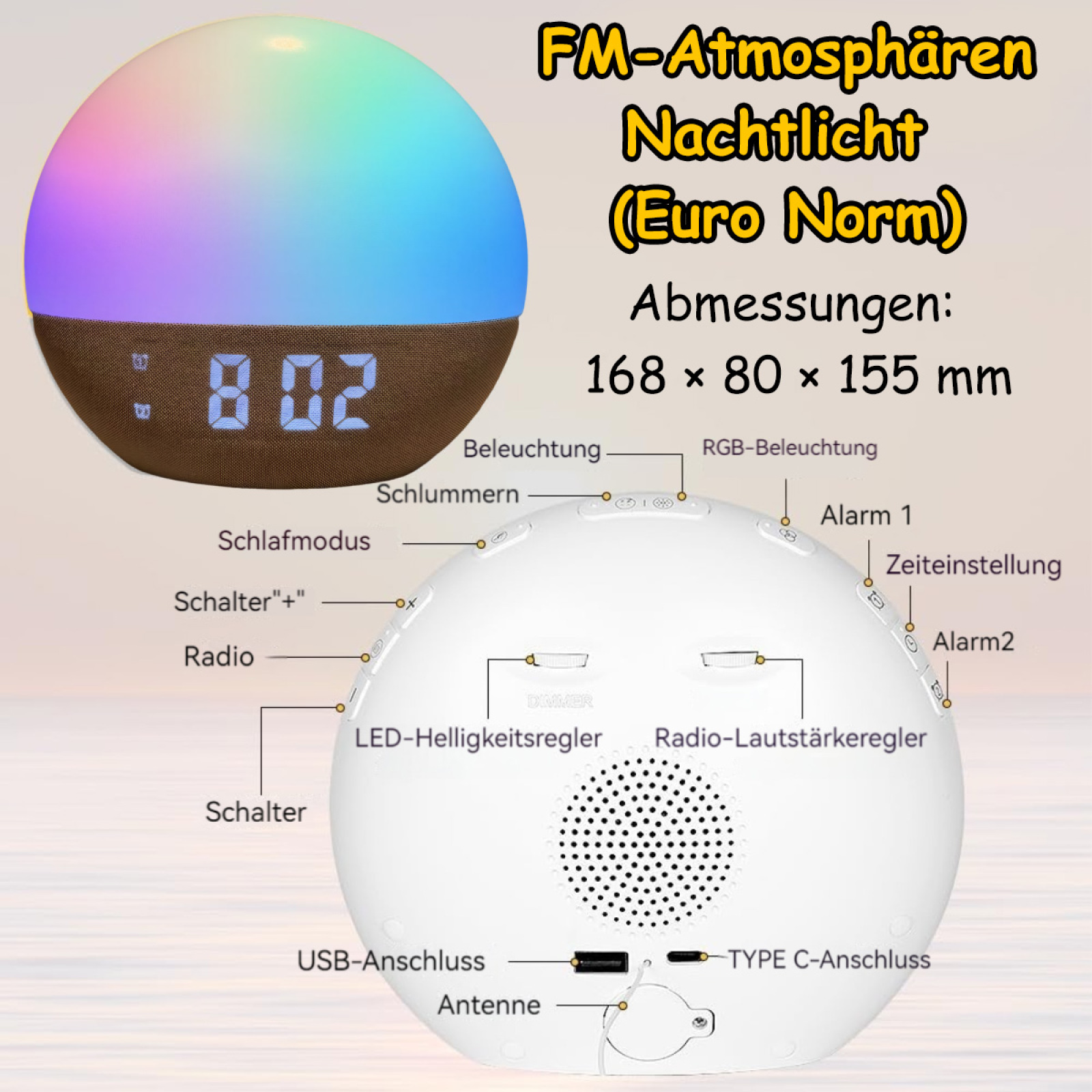Ein weißer Wecker mit farbigem Licht und mehreren Tasten, Abmessungen werden gezeigt.