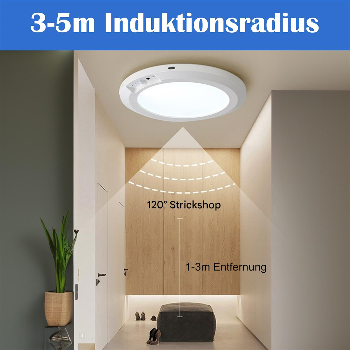 Eine Deckenleuchte in einem Flur mit Bewegungserkennungsbereich.