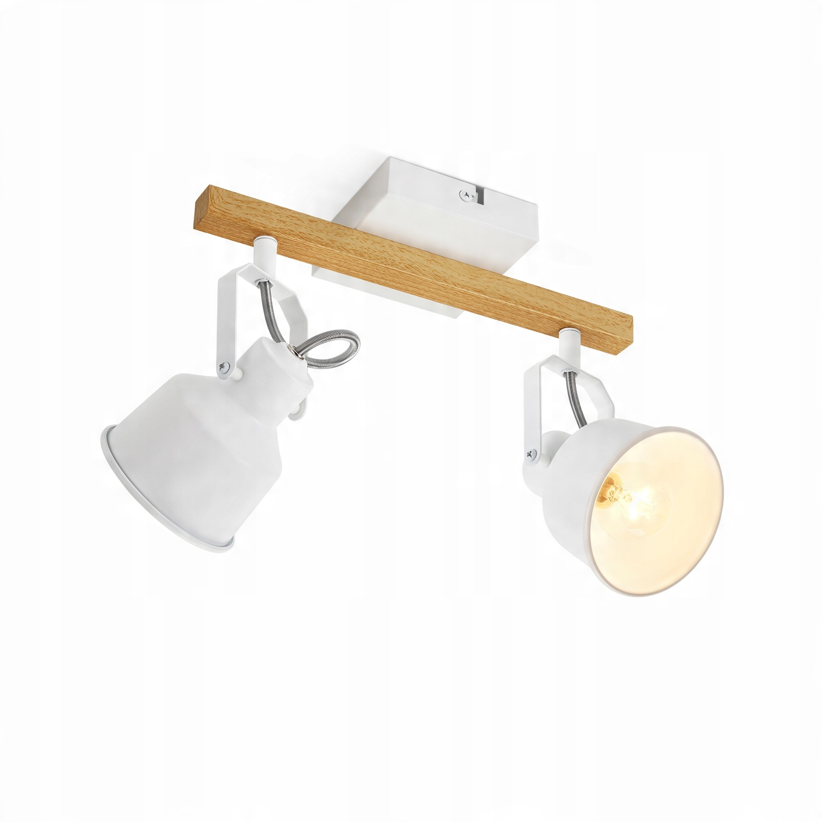 Due faretti bianchi su una trave di legno, montati su sfondo bianco.