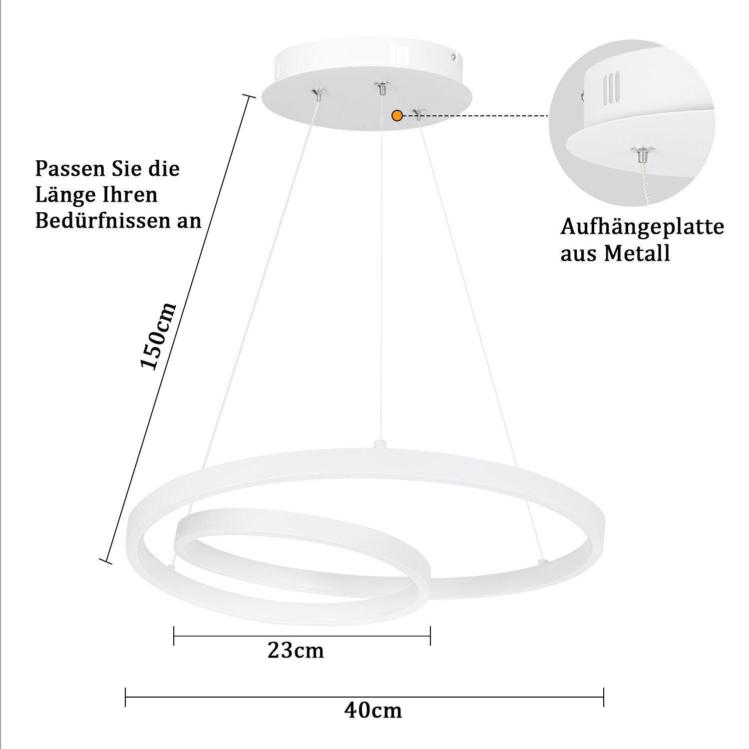 Un apparecchio di illuminazione ad anello bianco appeso al soffitto, con dimensioni annotate.