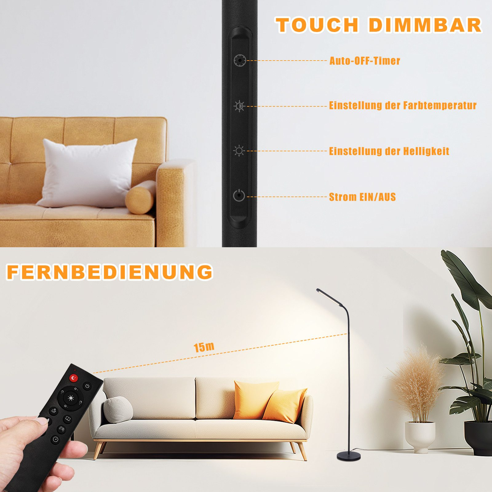 Una lampada da terra nera con comandi touch e telecomando, in un soggiorno.