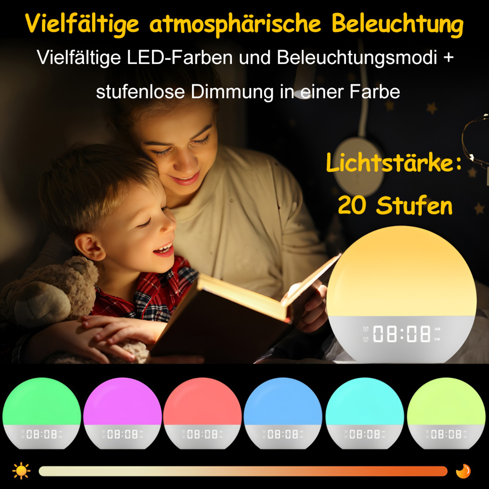 Ein Junge und eine Frau lesen aus einem Buch in der Nähe eines farbwechselnden Weckers.