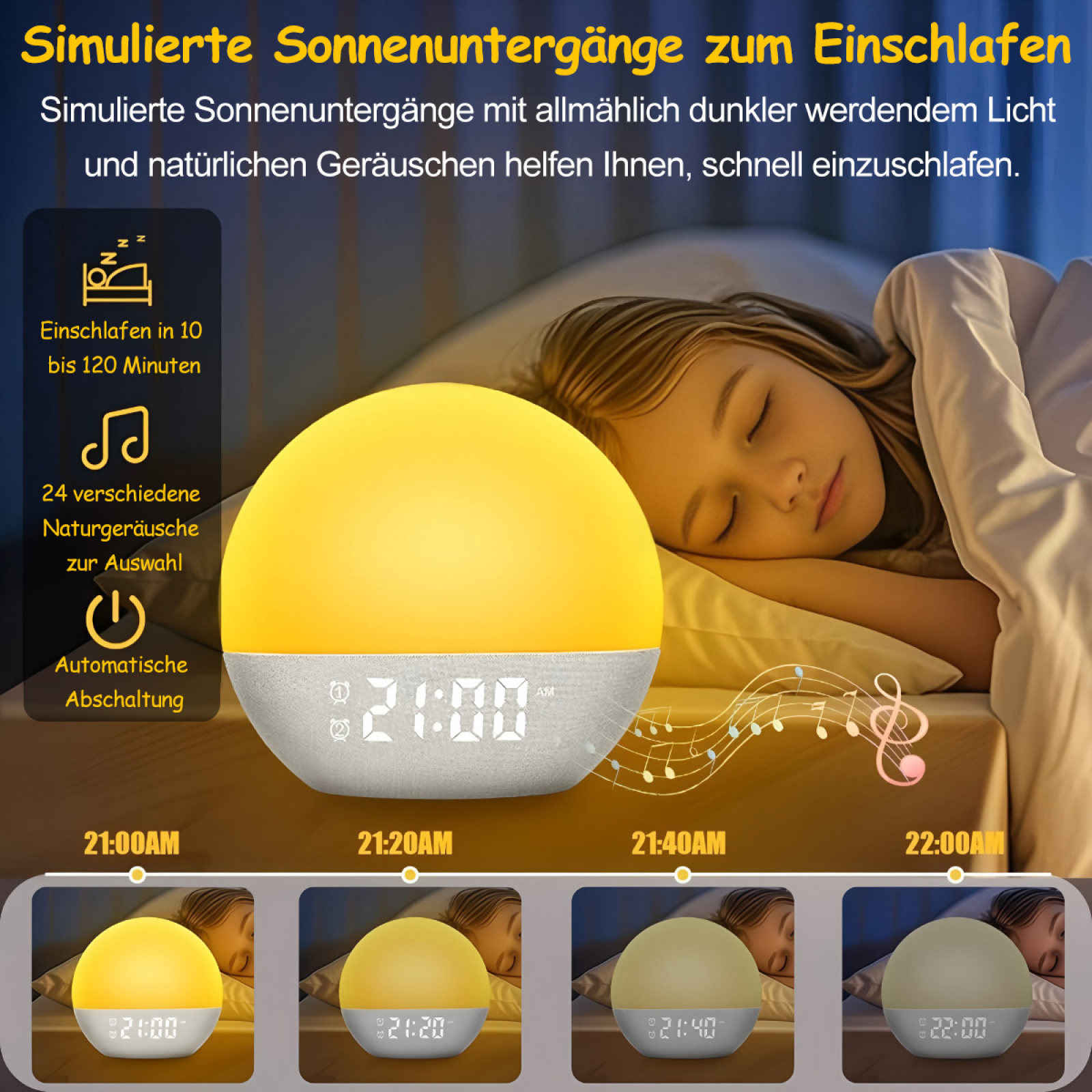 Ein Kind im Bett mit einem Sonnenuntergang-Simulationswecker.