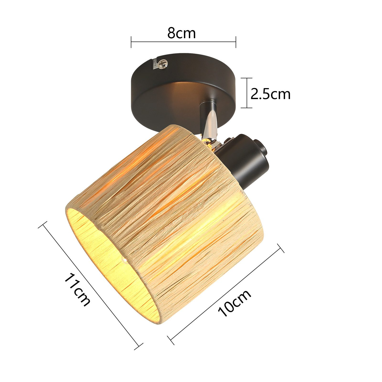 Un diagramma mostra le dimensioni di un faretto da soffitto con paralume cilindrico.