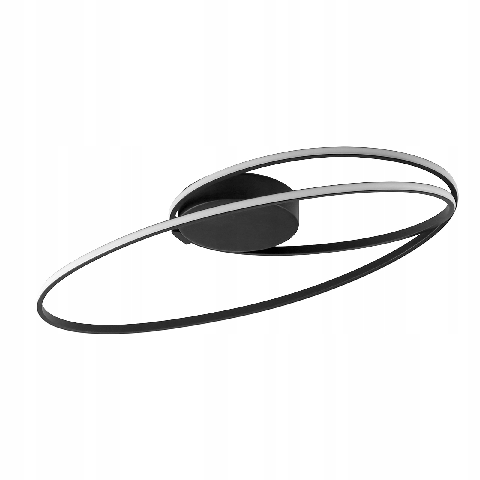 Una moderna plafoniera a LED a forma di anello con accenti neri e argento sospesa su sfondo bianco.