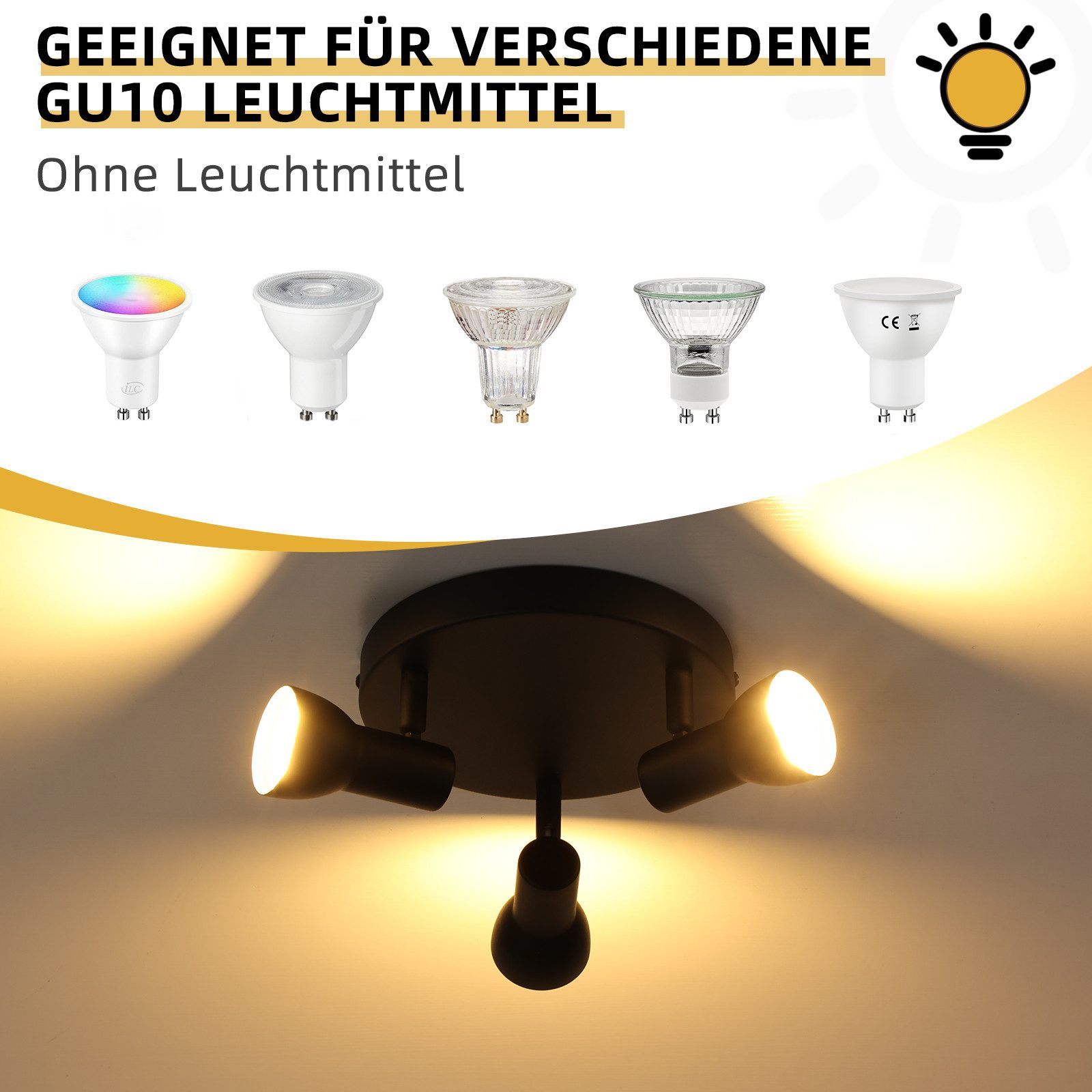 Una plafoniera nera con tre faretti. Sopra sono mostrate varie lampadine GU10.
