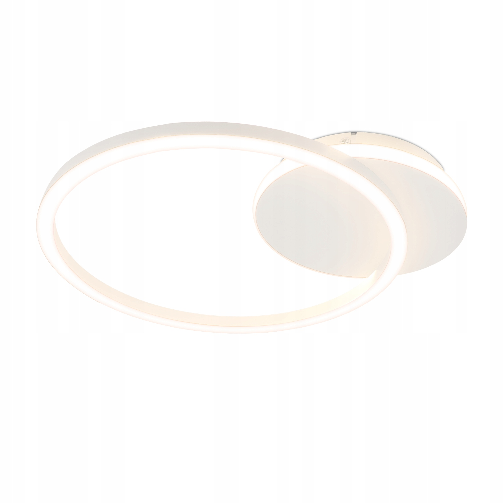 Una plafoniera bianca con un design circolare. La luce emette un bagliore soffuso.