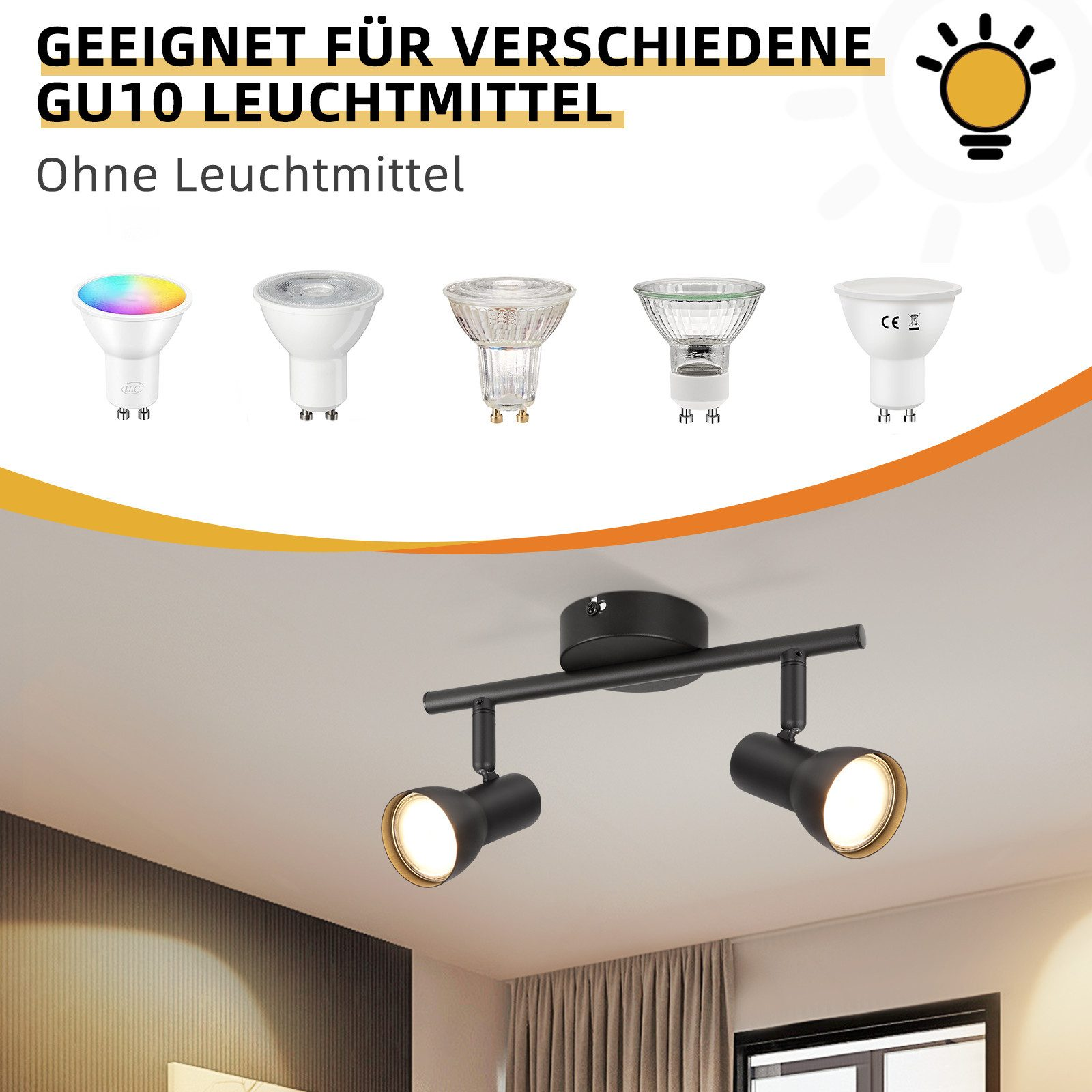 Una plafoniera nera con due faretti. Sopra sono mostrate varie lampadine GU10.
