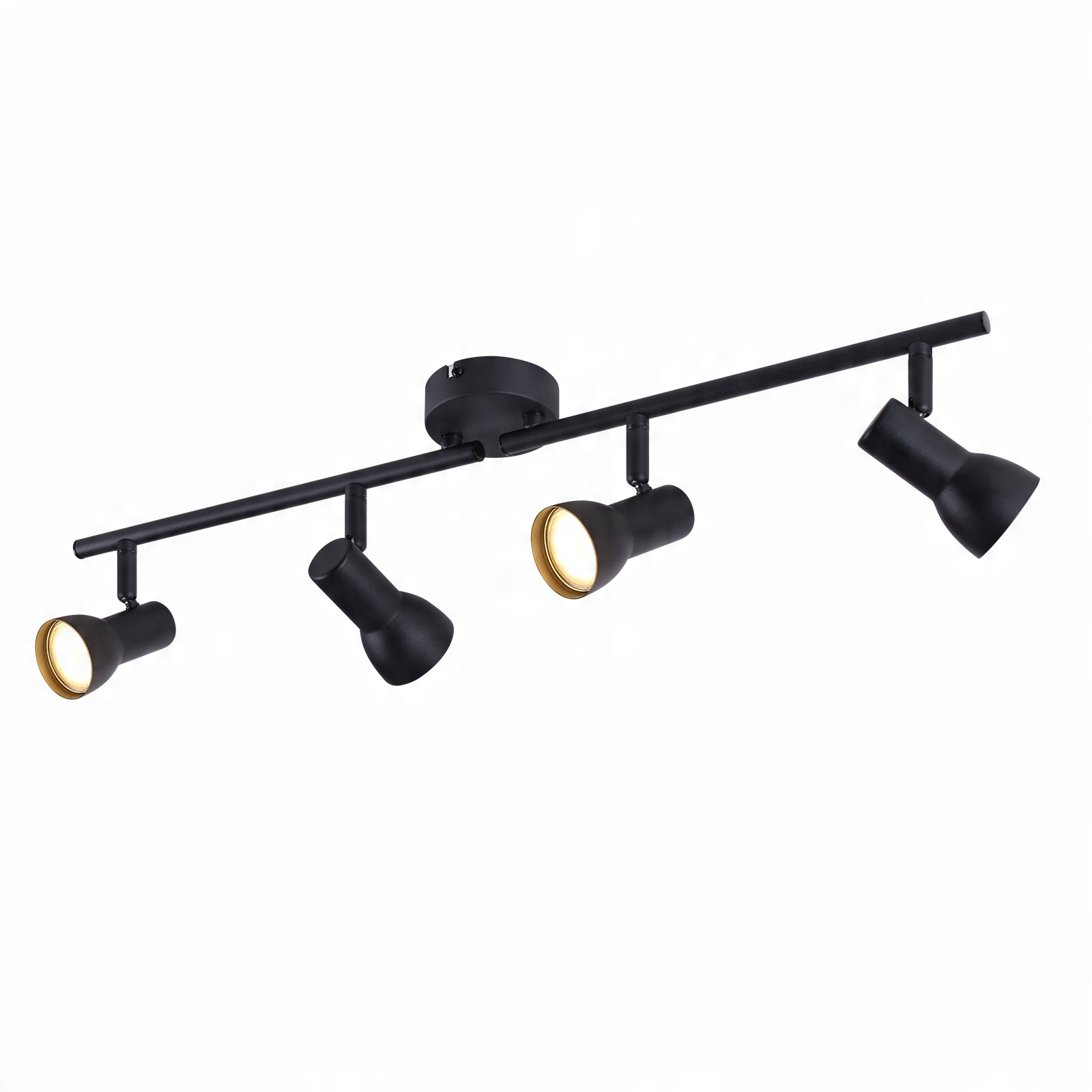 Apparecchio di illuminazione a binario nero con quattro faretti regolabili. Le luci hanno interni dorati e sono accese.