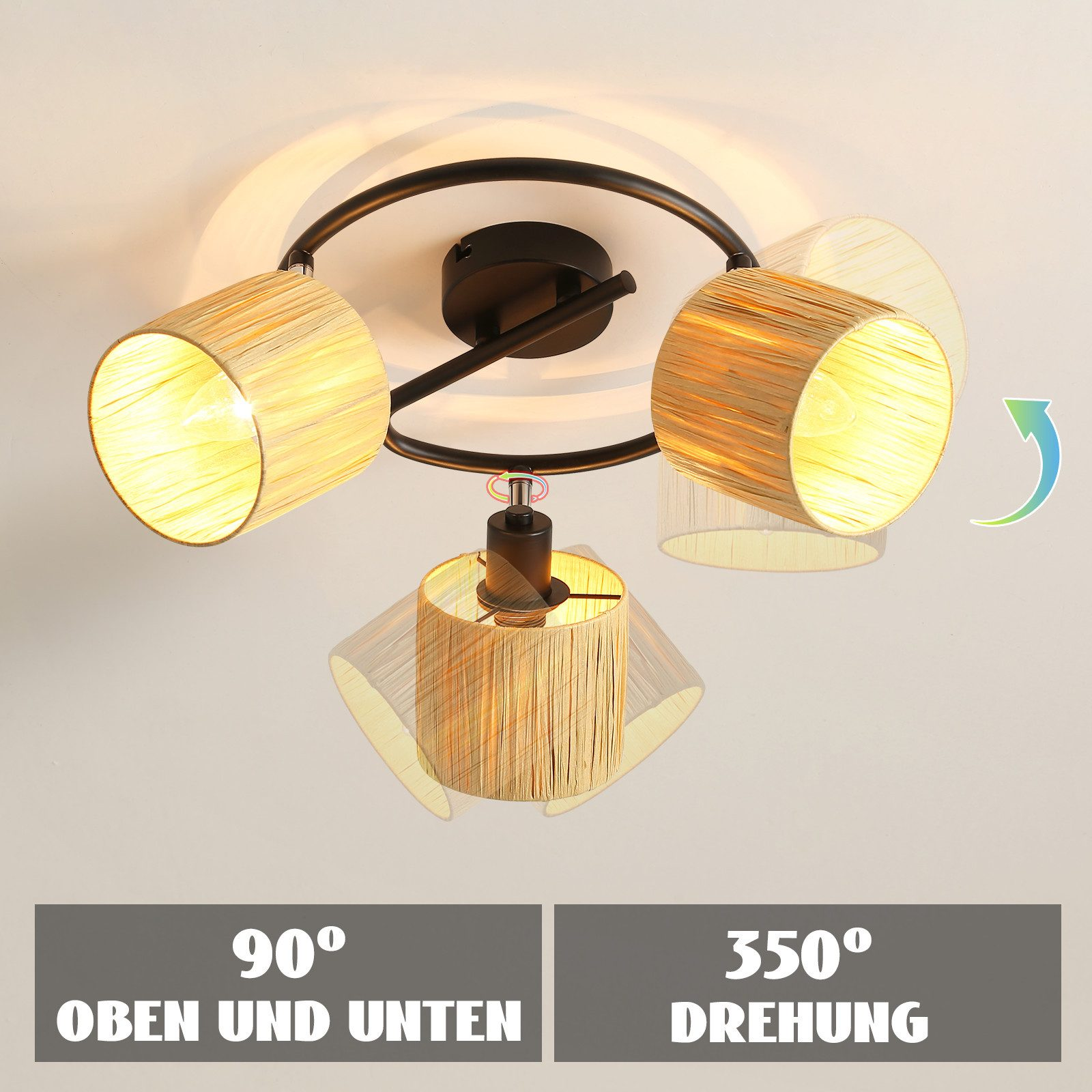 Immagine che mostra una lampada da soffitto regolabile. Mostra 90° su/giù e rotazione di 350°. Paralumi beige e cornice nera.