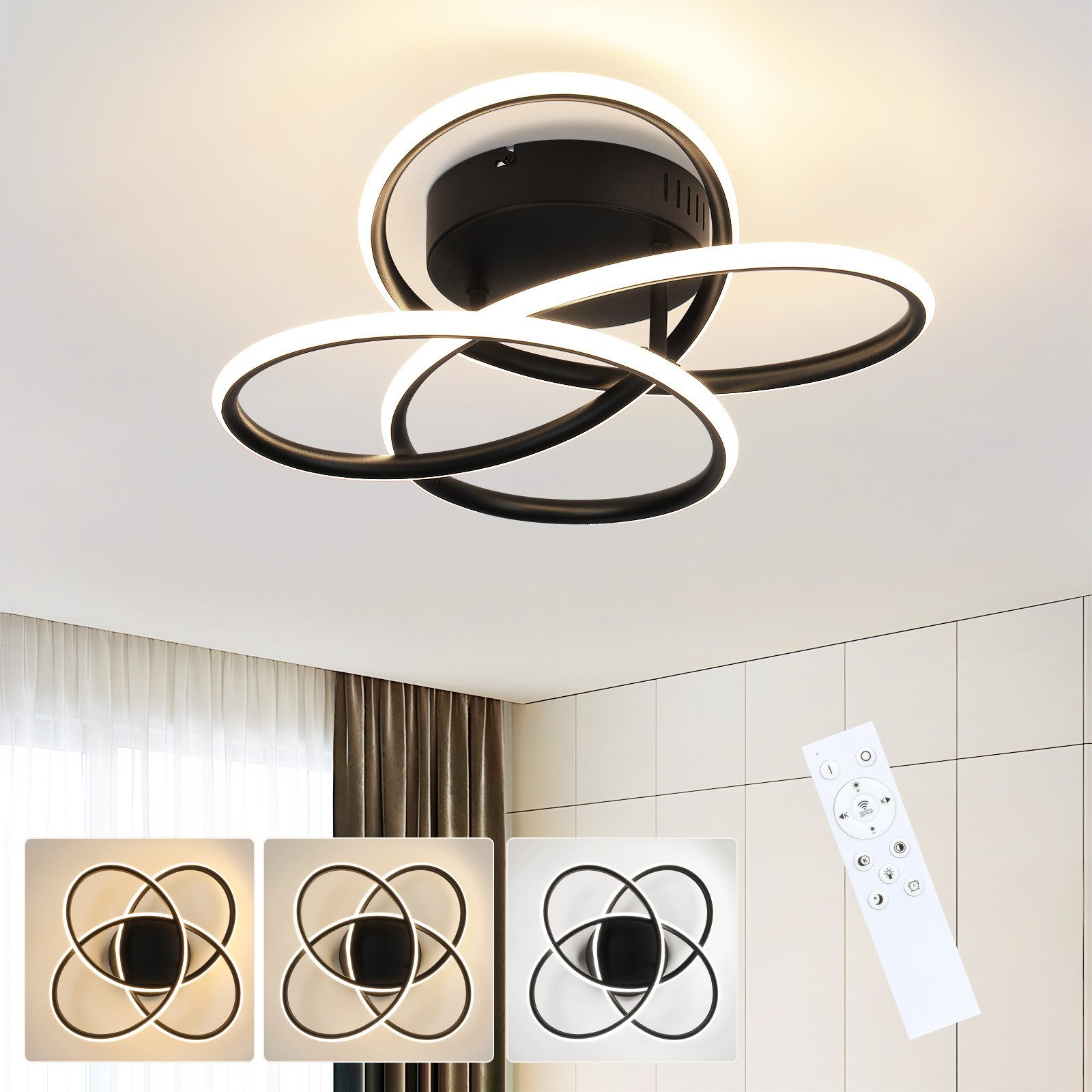 Lámpara de techo con tres anillos de luz entrelazados. Luz blanca. Mando a distancia presente. Diseño en blanco y negro.