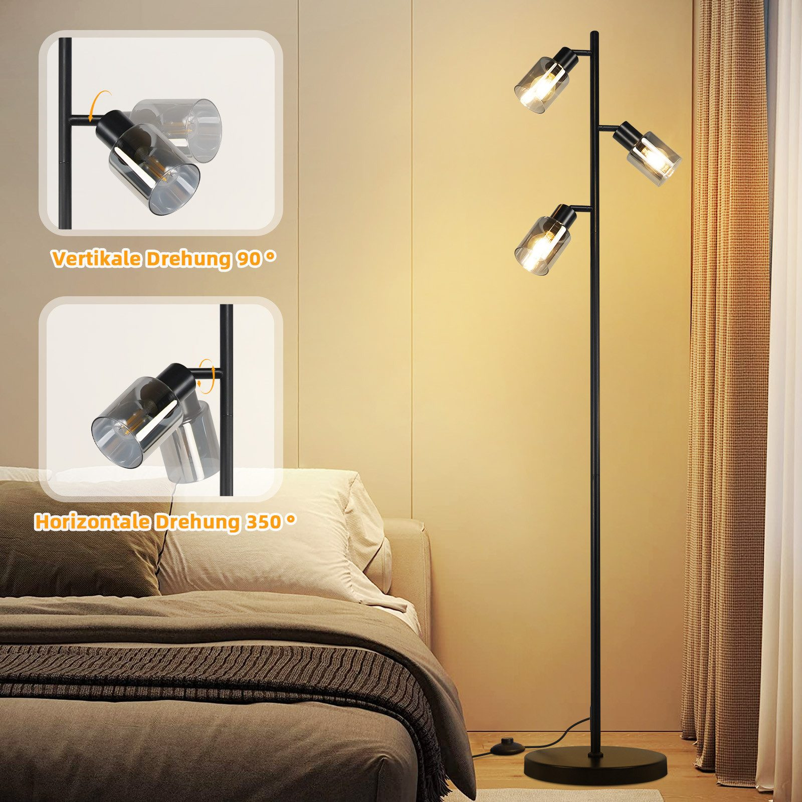 Lampa podłogowa z trzema regulowanymi lampami. Pokazuje obrót w pionie i poziomie. Czarna rama i przezroczyste klosze.