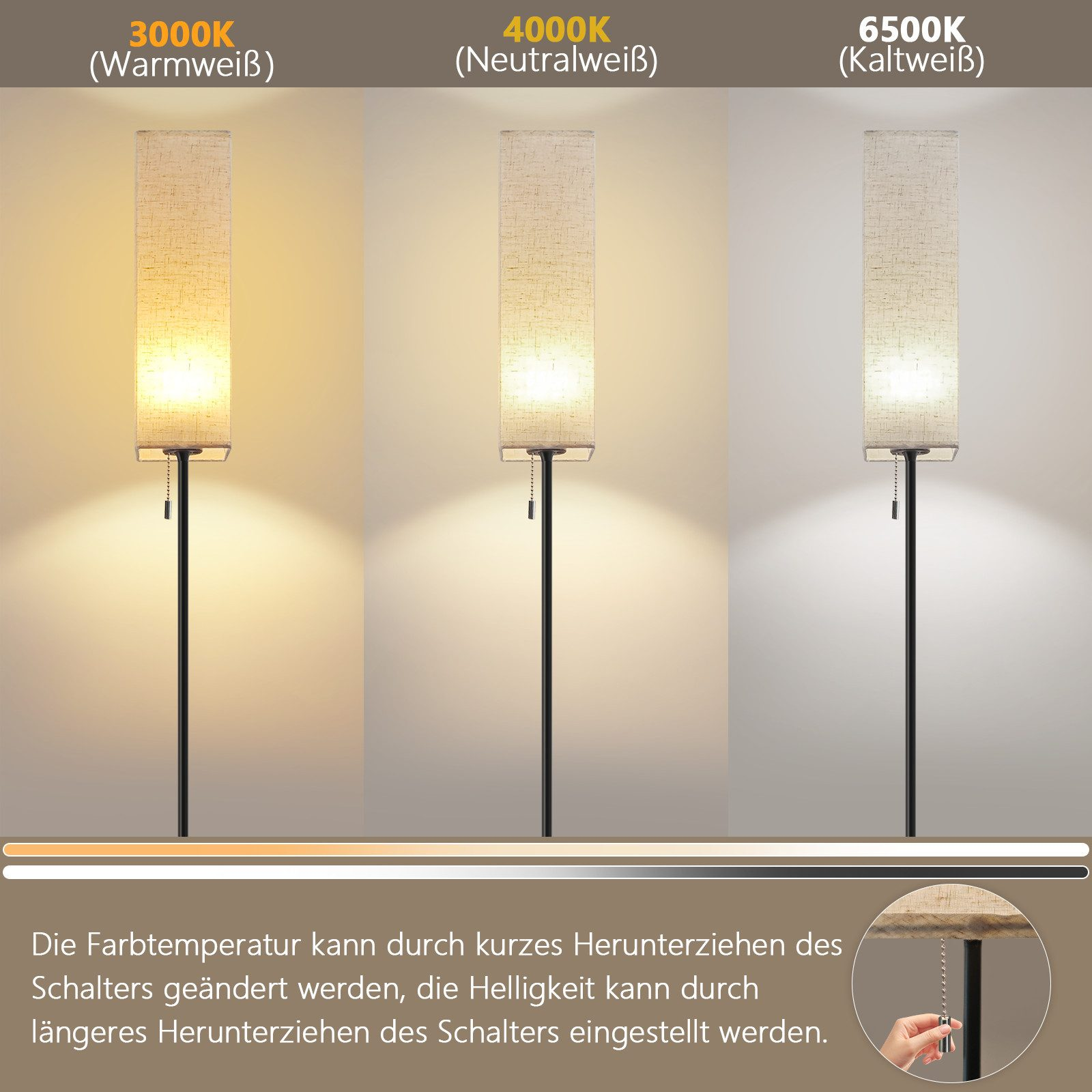 Tre lampade da terra che mostrano diverse temperature di luce: bianco caldo, bianco neutro e bianco freddo. Interruttore e paralumi.