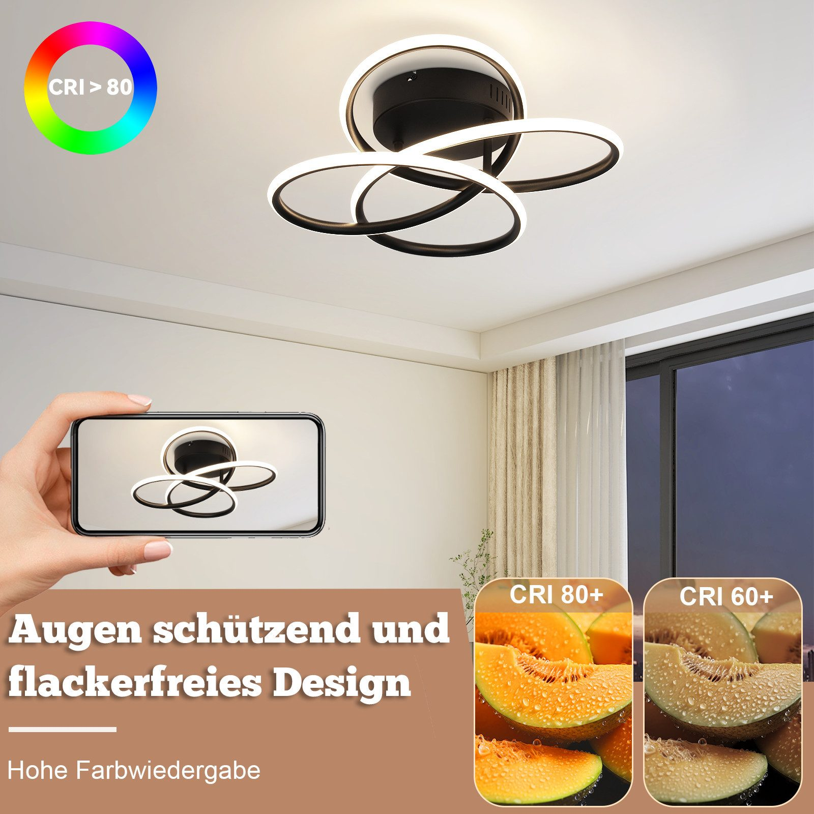 Luz de techo moderna con tres luces LED circulares. El teléfono muestra una luz similar. Melones en el fondo.