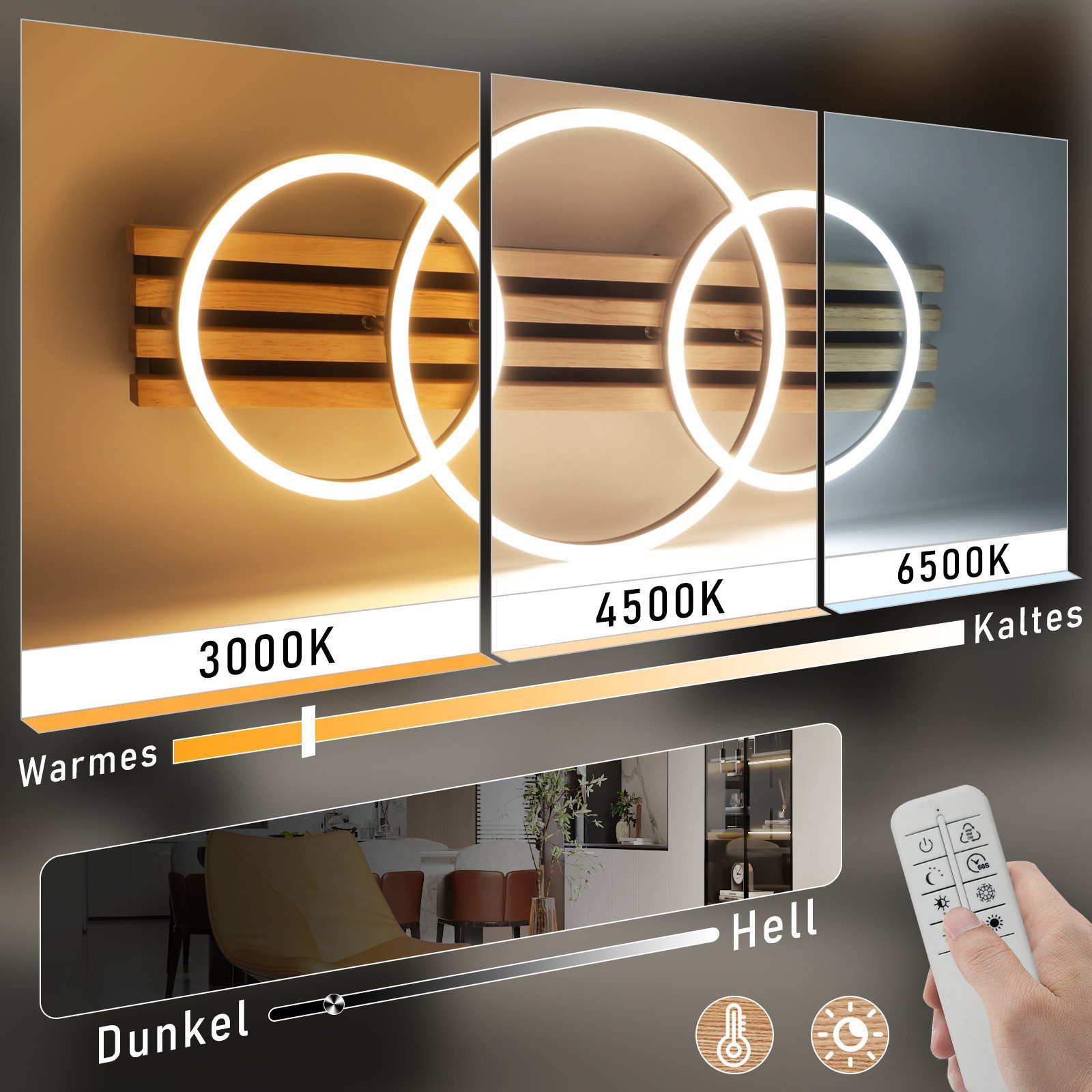 Tre luci con diverse temperature colore: 3000K, 4500K e 6500K, con telecomando e controllo dimmer.