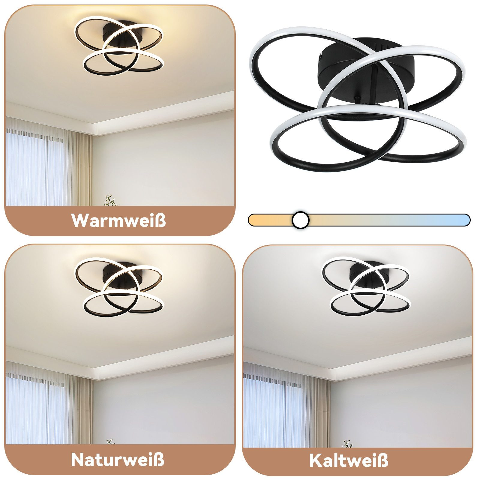 Una lámpara de techo con tres luces LED circulares conectadas, mostrada con diferentes temperaturas de color.