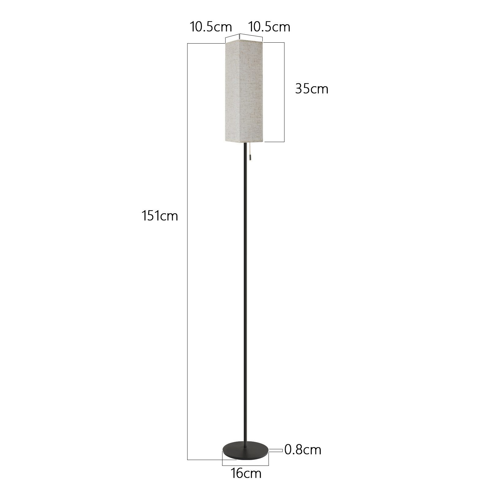 Una lampada da terra nera alta con un paralume rettangolare beige. Le dimensioni della lampada sono indicate.