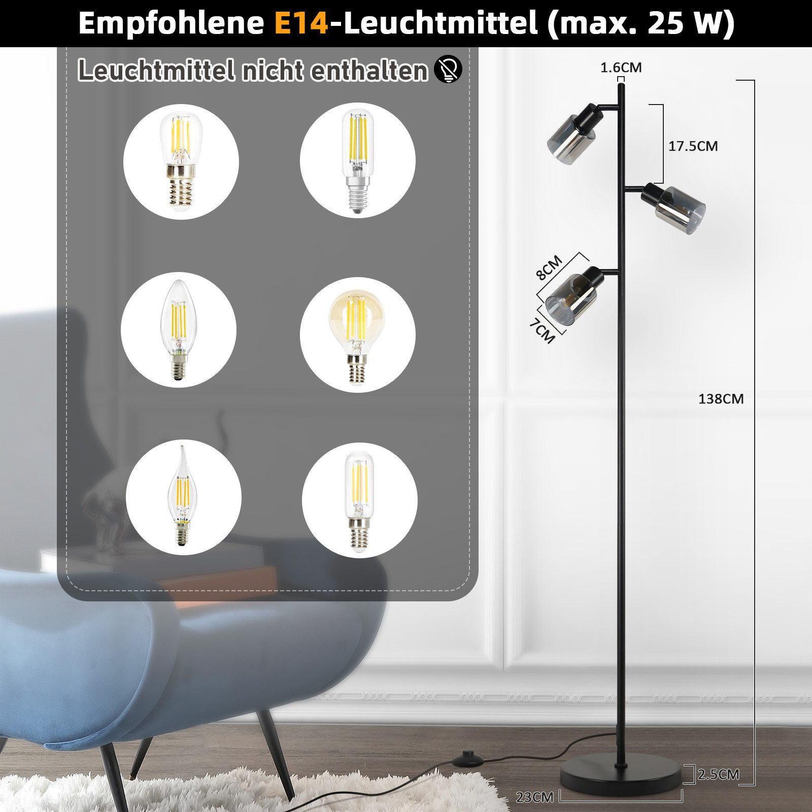 Czarna lampa podłogowa z trzema światłami, z wyświetlaczem różnych żarówek E14.