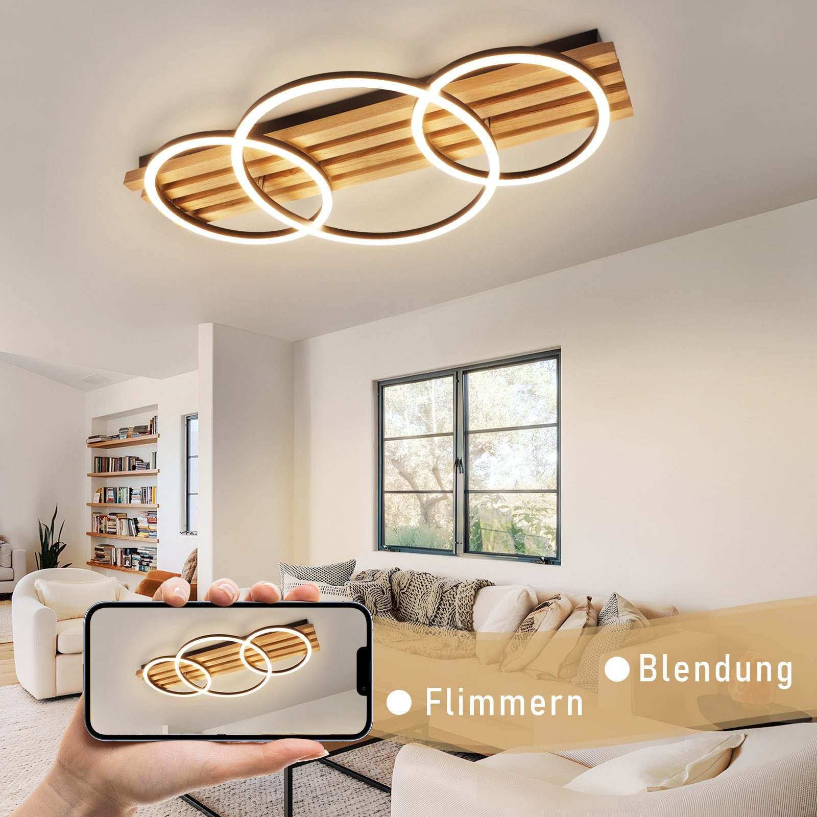 Una plafoniera con tre luci a LED circolari collegate. Un telefono mostra la luce. Parole: Flimmern, Blendung.
