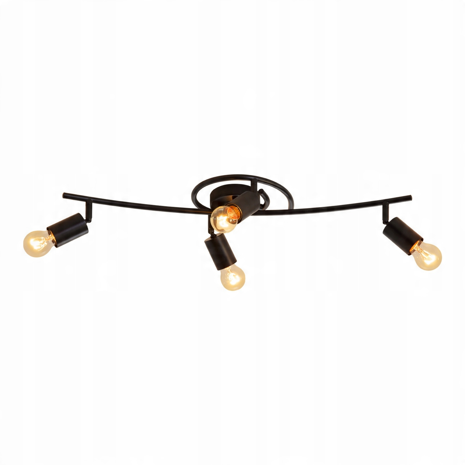 Lampada da soffitto con quattro apparecchi neri, ciascuno con una lampadina. Sfondo bianco.