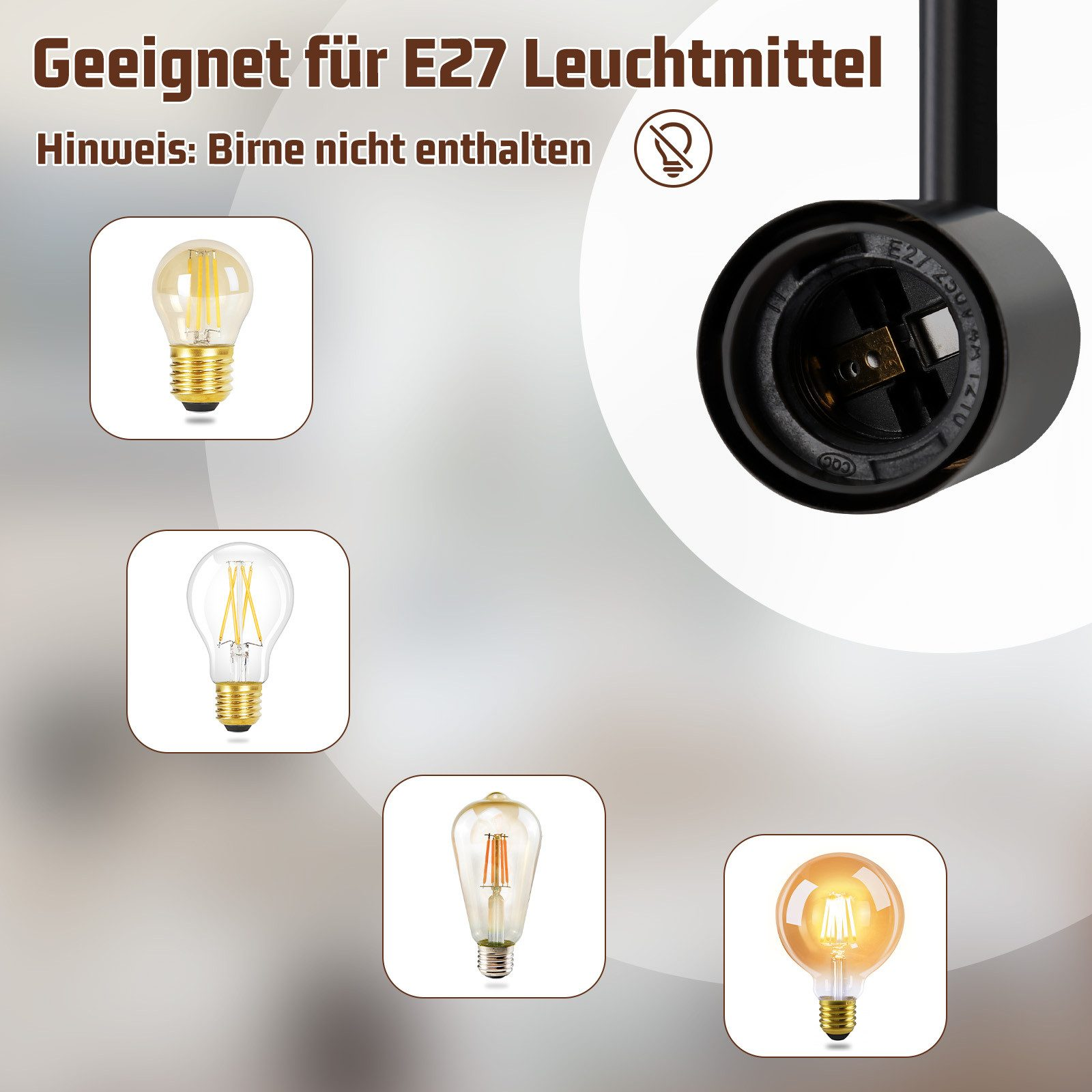 Primo piano di un portalampada E27 con diverse opzioni di lampadine.