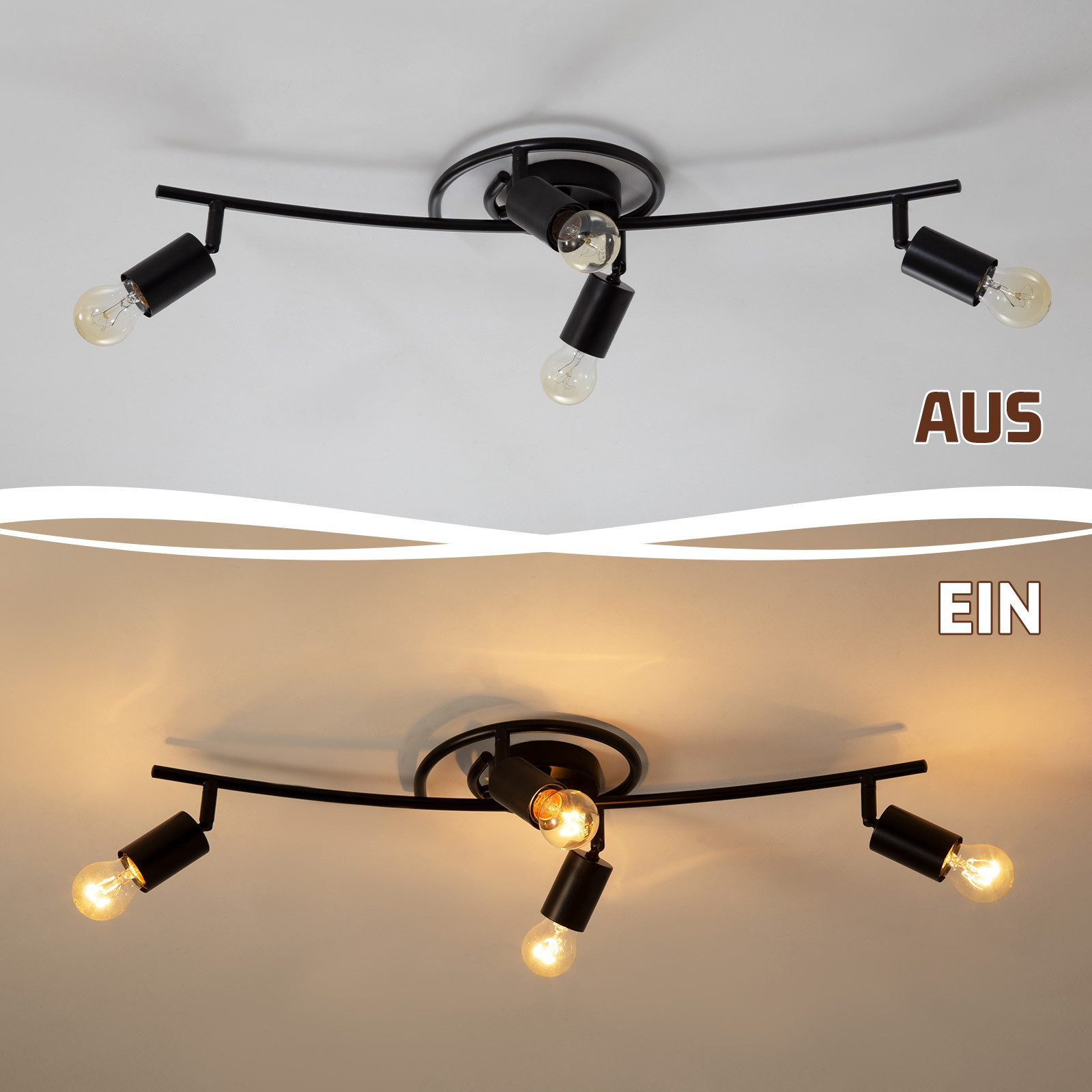 Un apparecchio di illuminazione a soffitto, mostrato acceso e spento. Le luci sono accese e spente, rispettivamente.