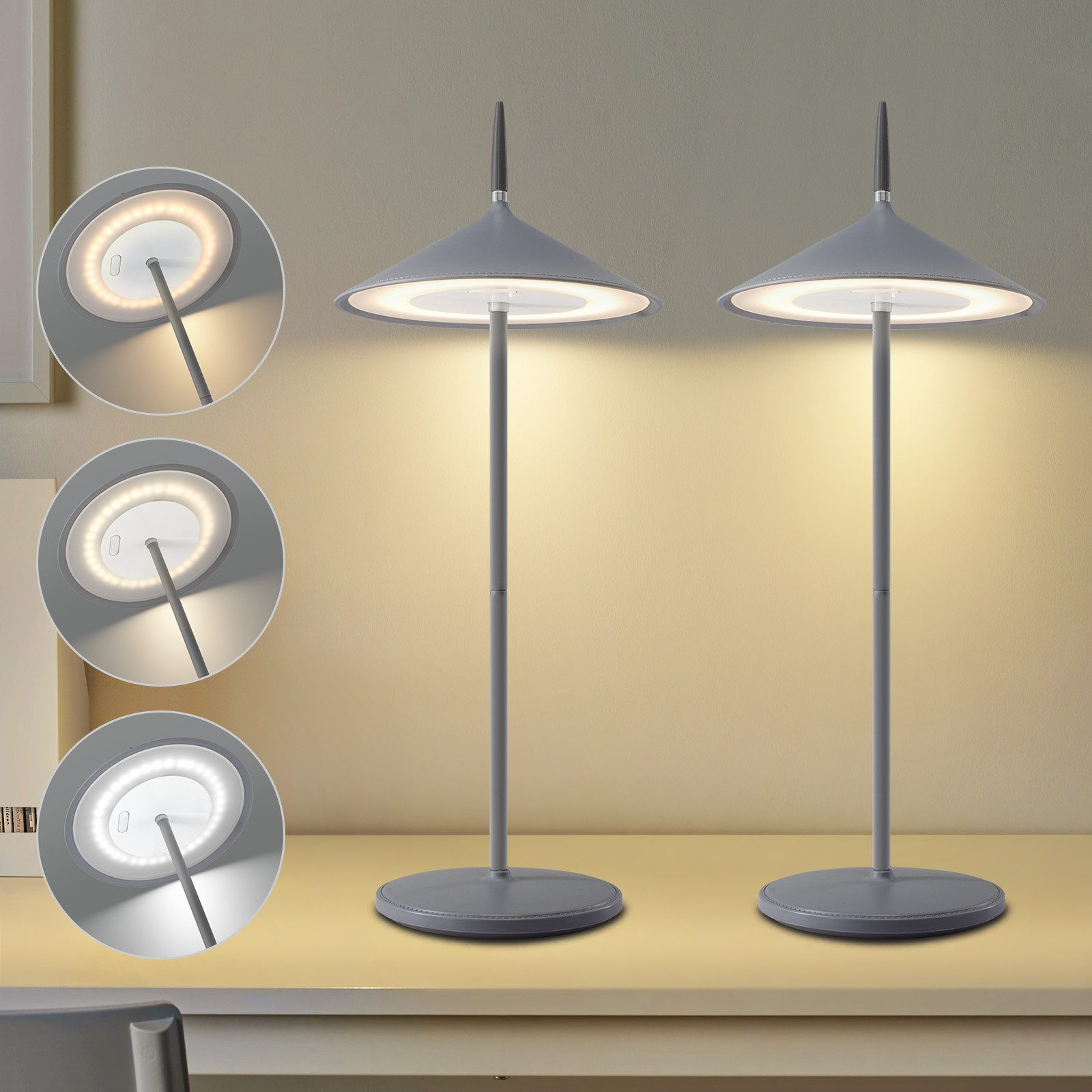 Dwie szare lampy o minimalistycznym designie, każda z okrągłym światłem. Trzy warianty światła znajdują się po lewej stronie.