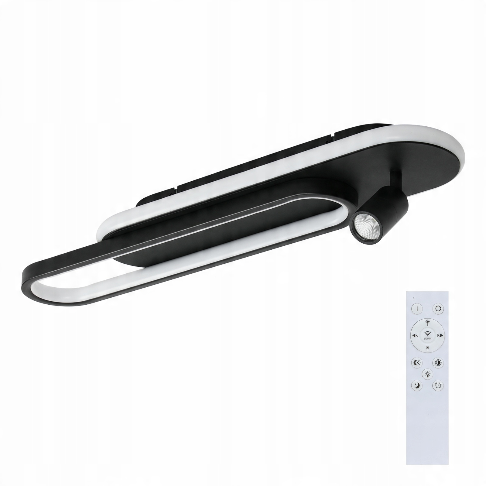 Czarno-biała lampa sufitowa LED z pilotem jest wyświetlana na białym tle.