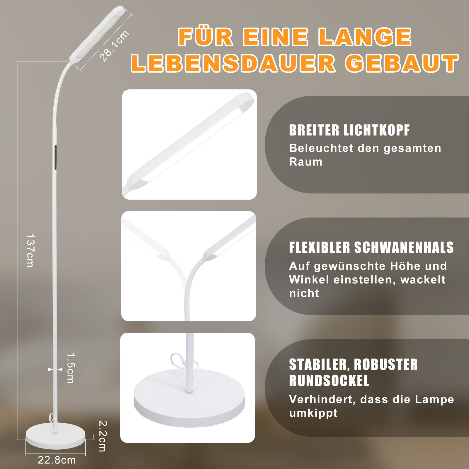 Una lampada da terra a LED bianca con specifiche e caratteristiche è visualizzata su uno sfondo bianco.
