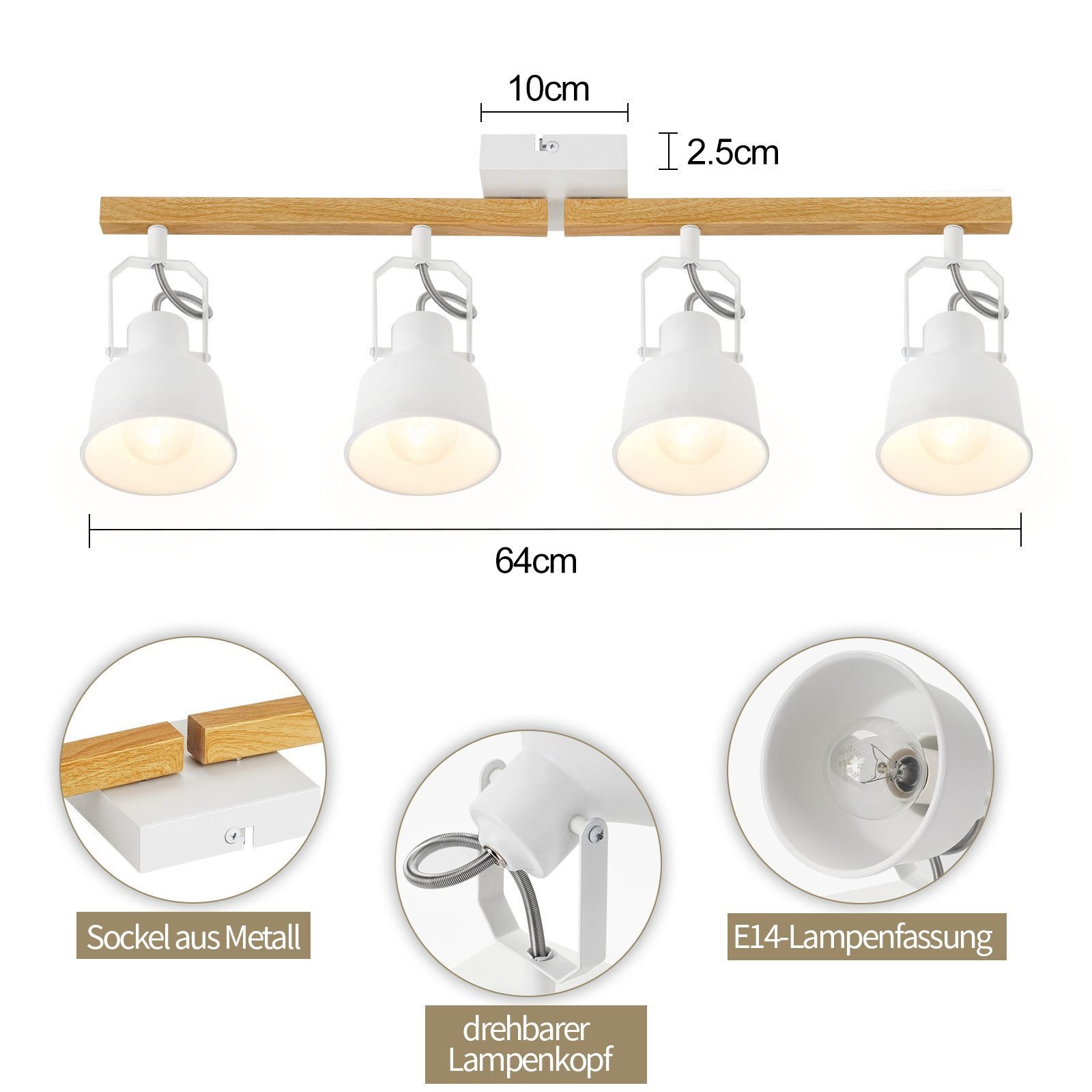 Una plafoniera con quattro luci è mostrata con misure e dettagli ravvicinati.