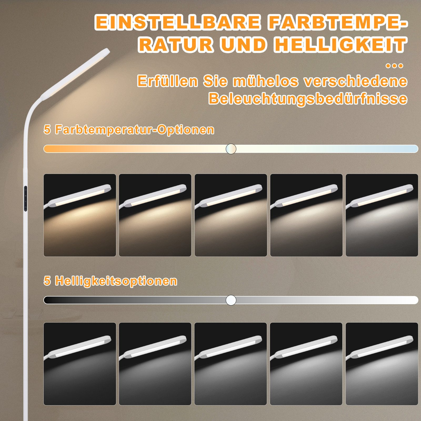 Una lampada regolabile con opzioni di luminosità e temperatura colore. Vengono mostrate molteplici impostazioni di luce.