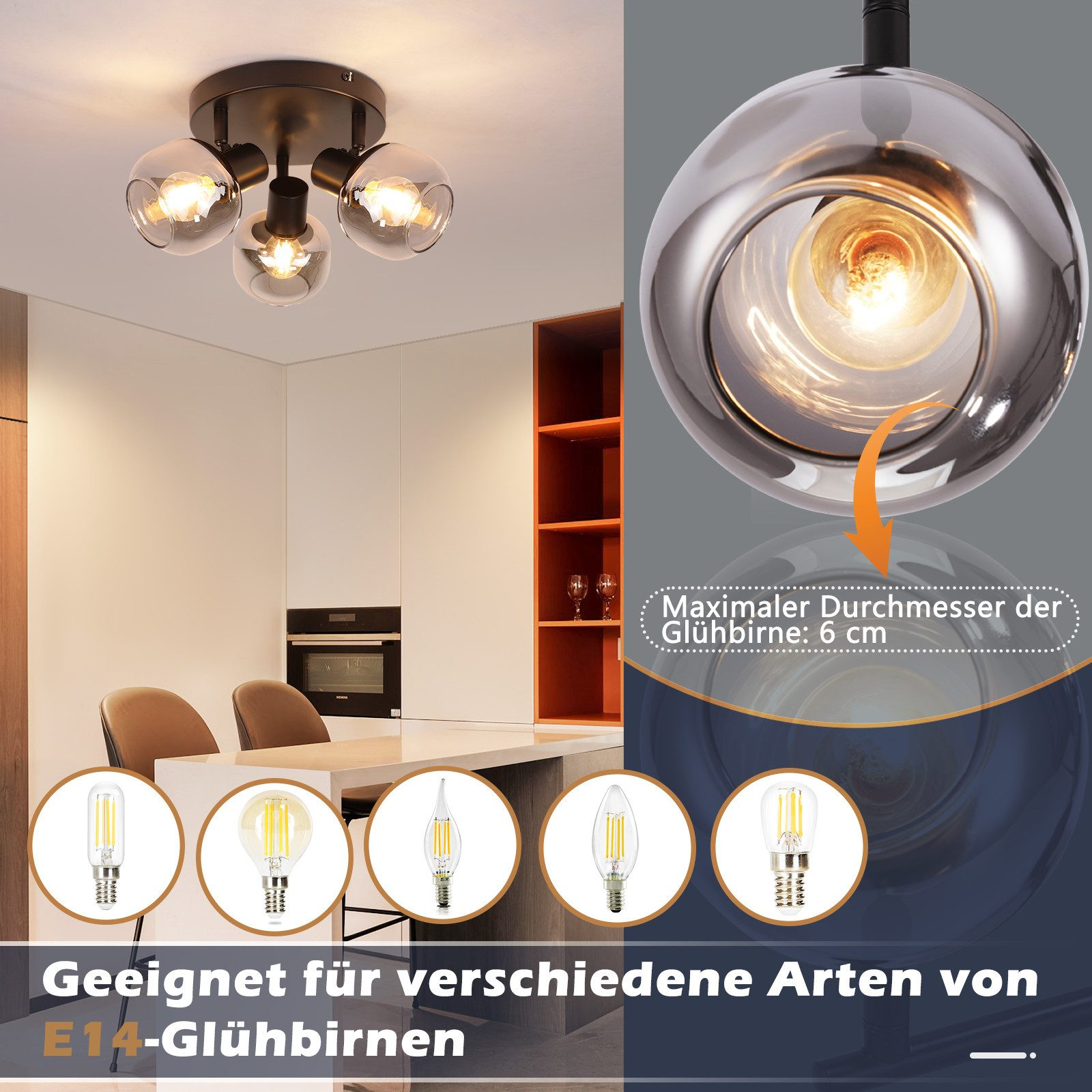 Un'apparecchio di illuminazione a soffitto con tre lampadine di vetro. Vengono mostrati vari tipi di lampadine adatte a questo apparecchio.