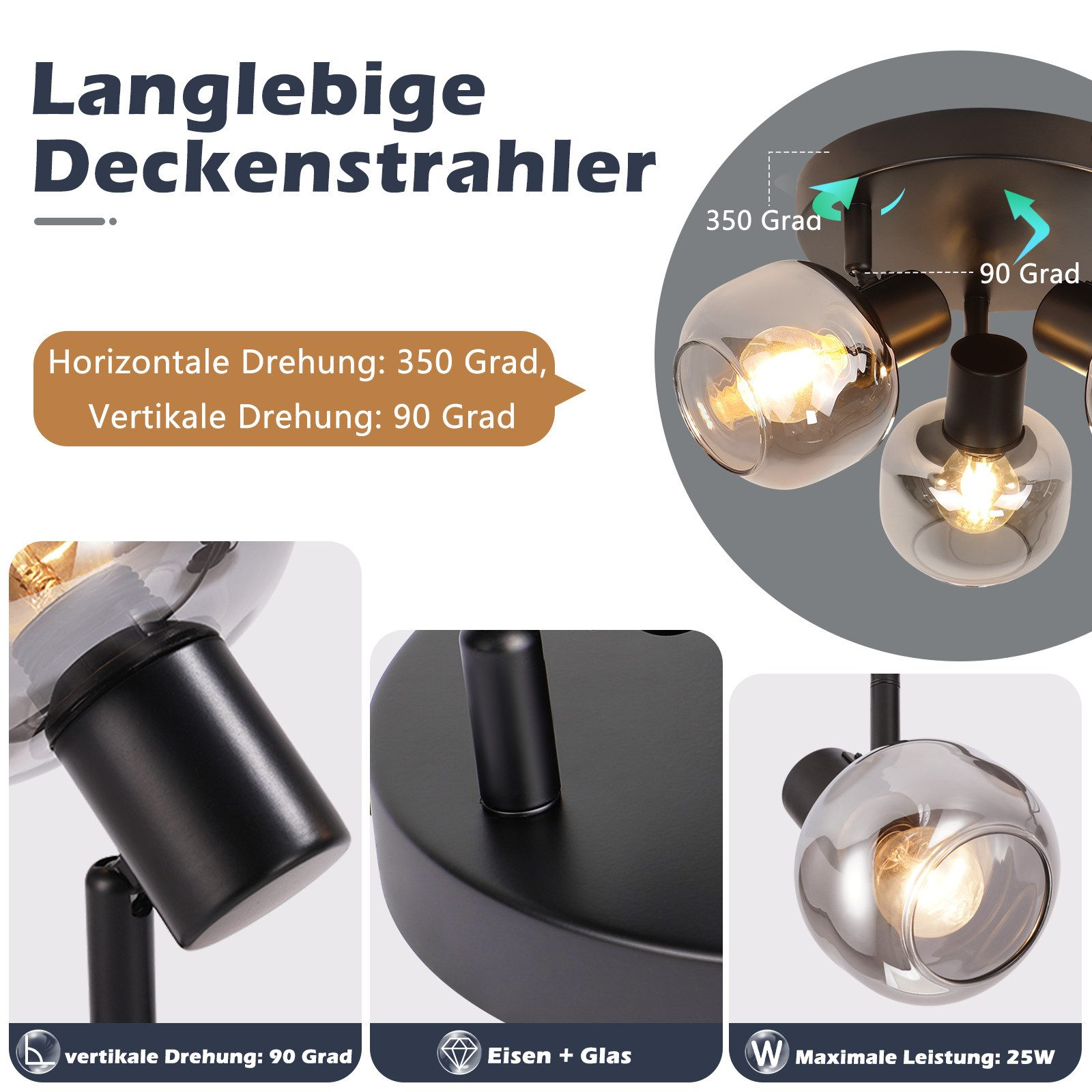Luce a soffitto con 3 lampadine di vetro. Primi piani mostrano la rotazione orizzontale e verticale. Materiali ferro e vetro.