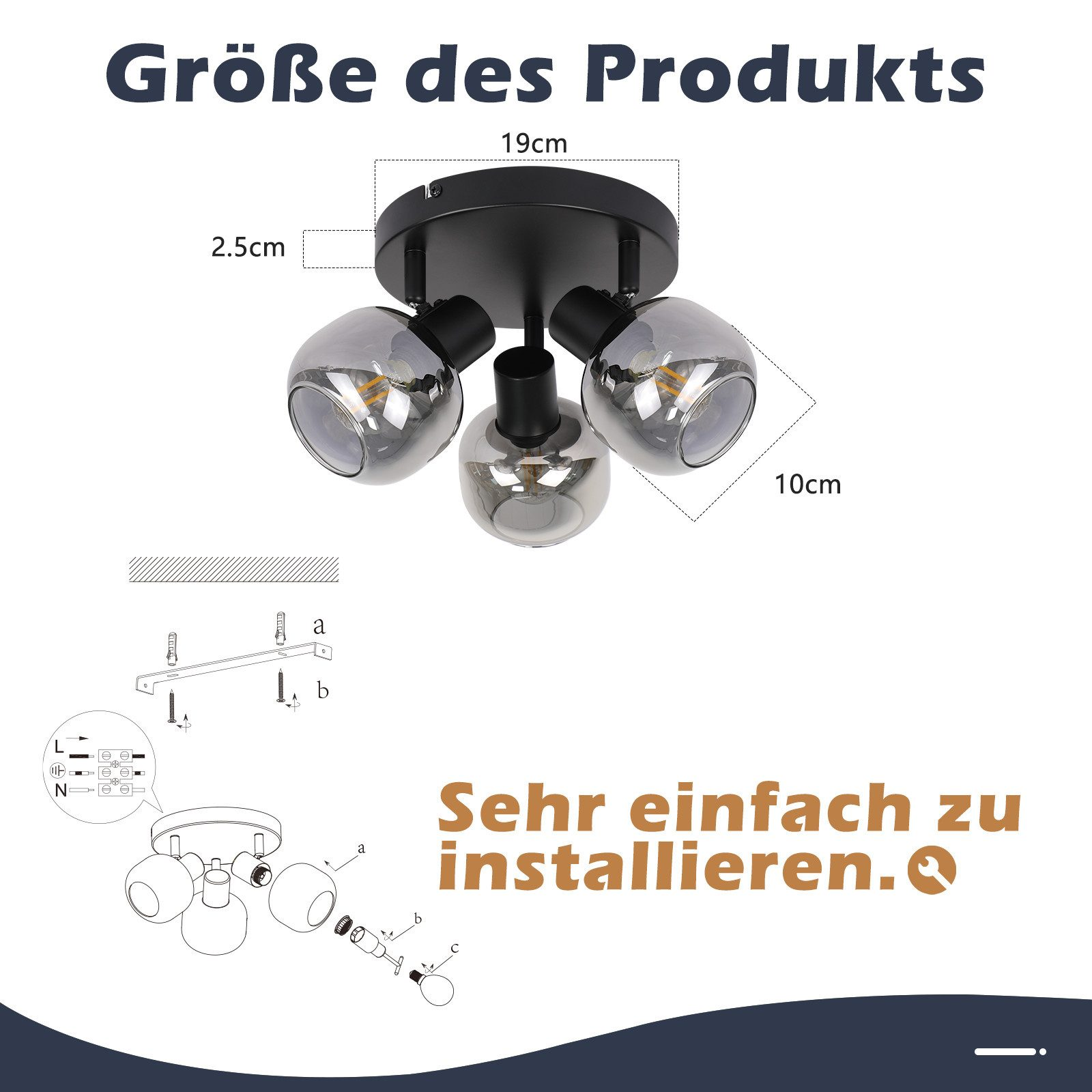 Luce a soffitto con tre lampadine di vetro. Sono indicate le dimensioni del prodotto. Istruzioni di installazione semplici incluse.