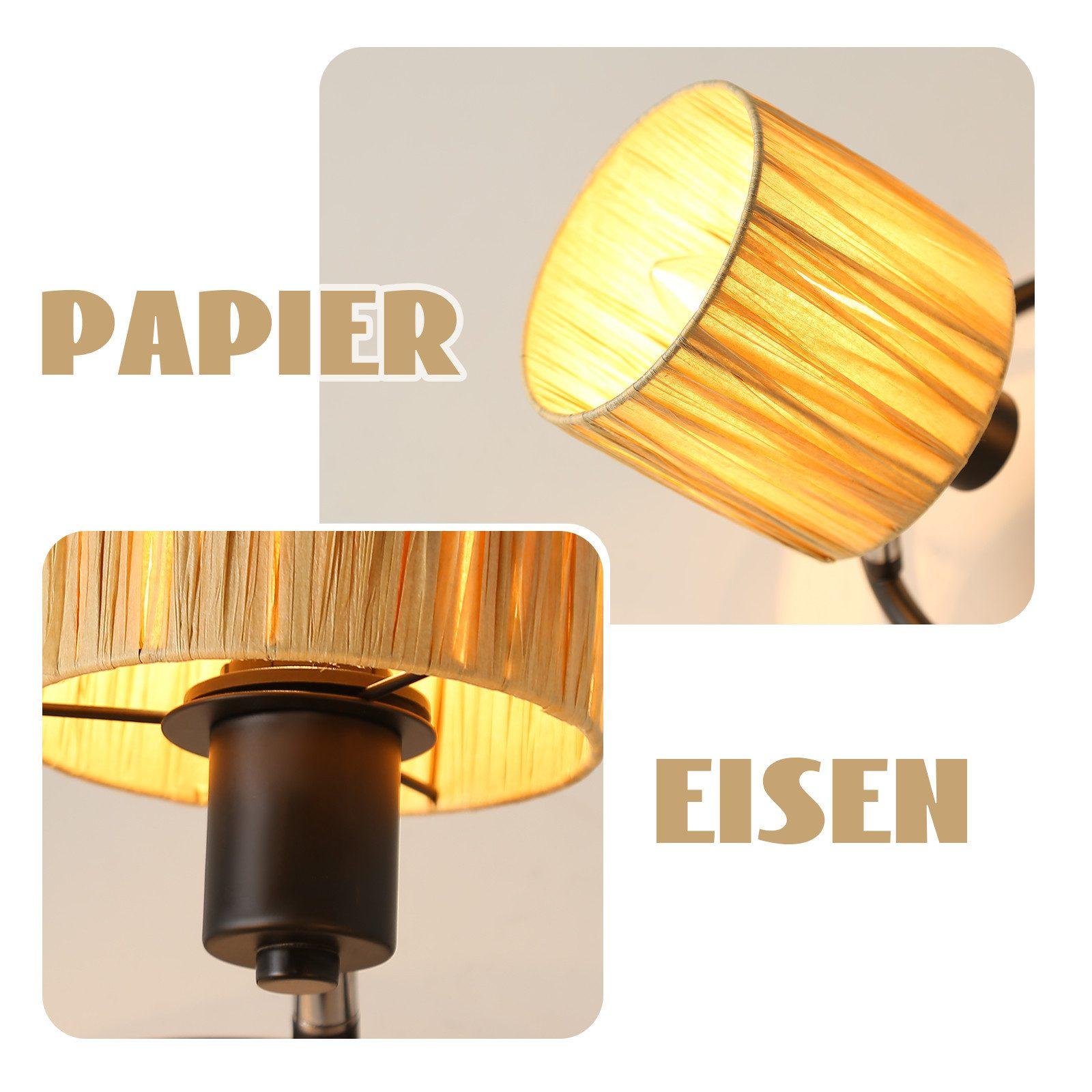 Primo piano di una lampada. Il testo recita: PAPIER e EISEN. Il paralume è beige tessuto e l'apparecchio è nero.