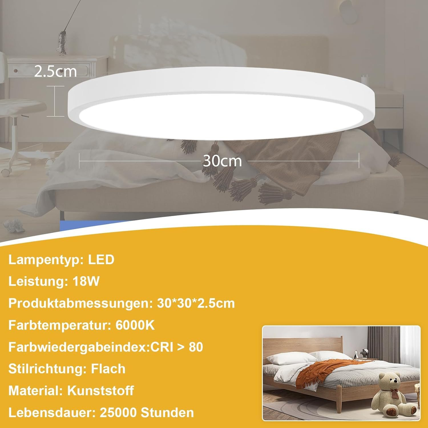Un letto, una lampada e un testo che dettaglia le specifiche delle lampade a LED, le dimensioni e un orsacchiotto in una camera da letto.