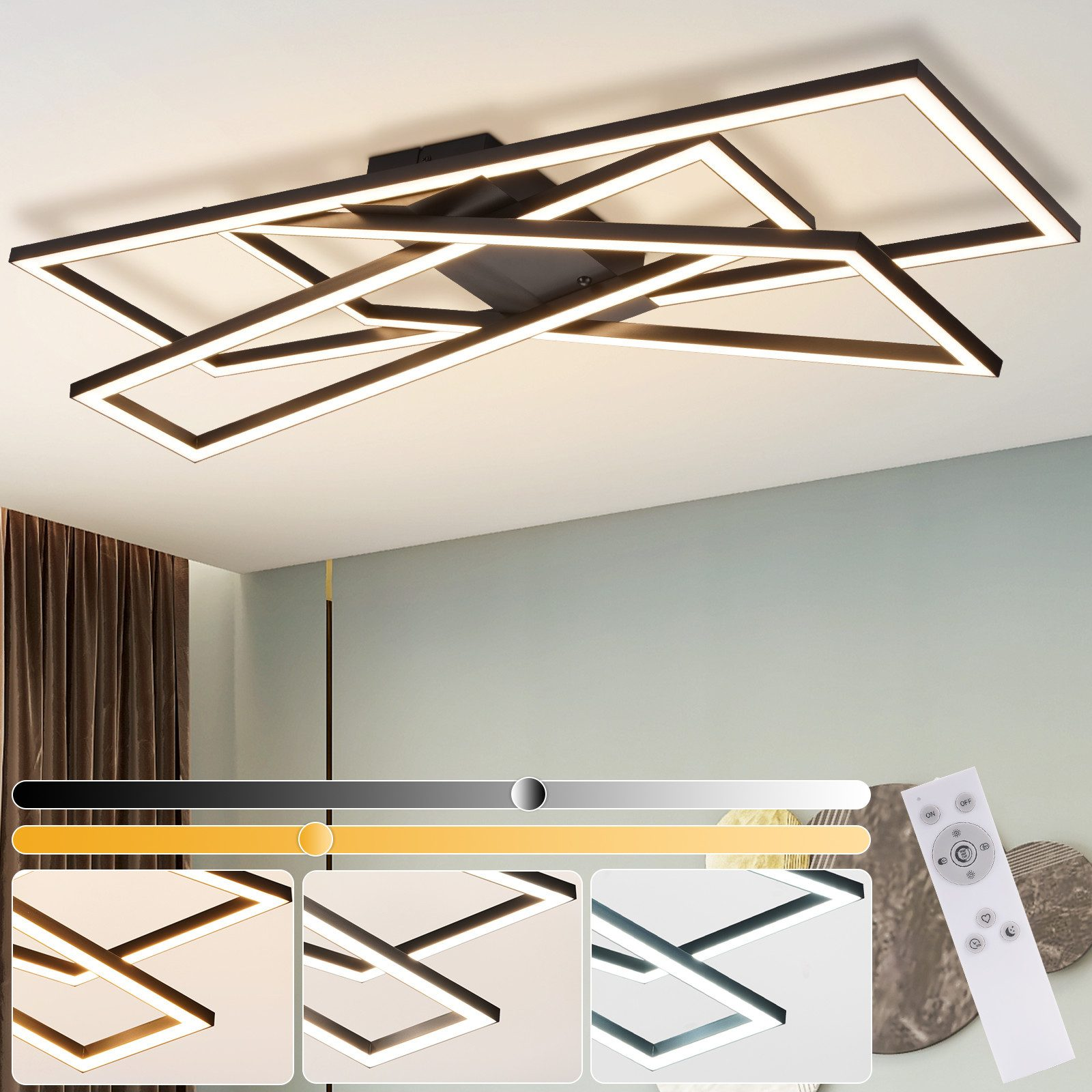 Una moderna plafoniera. La luce è nera con un design geometrico, con temperatura colore regolabile.