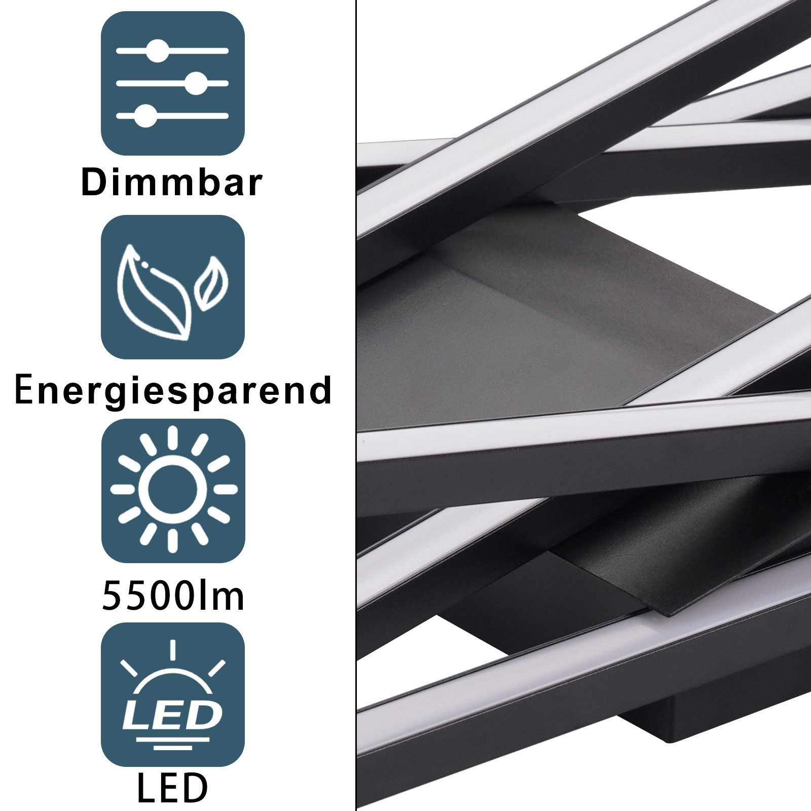 Primo piano di una moderna plafoniera a LED, che mostra dimmerabile, risparmio energetico, uscita 5500lm. È LED.