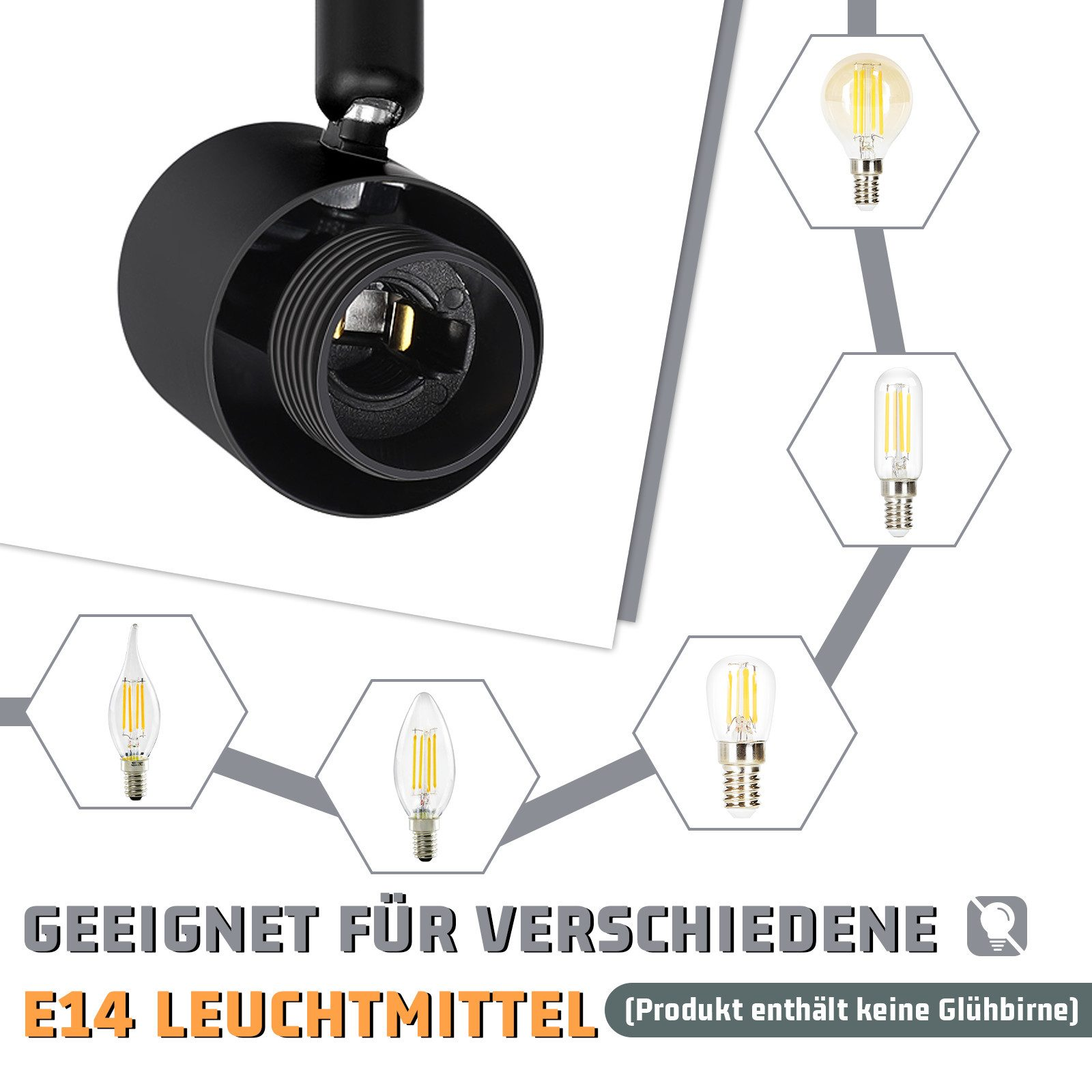 Un apparecchio di illuminazione E14 con varie lampadine E14. Il testo dice 'Adatto a varie lampade E14 (il prodotto non include lampadine)'.