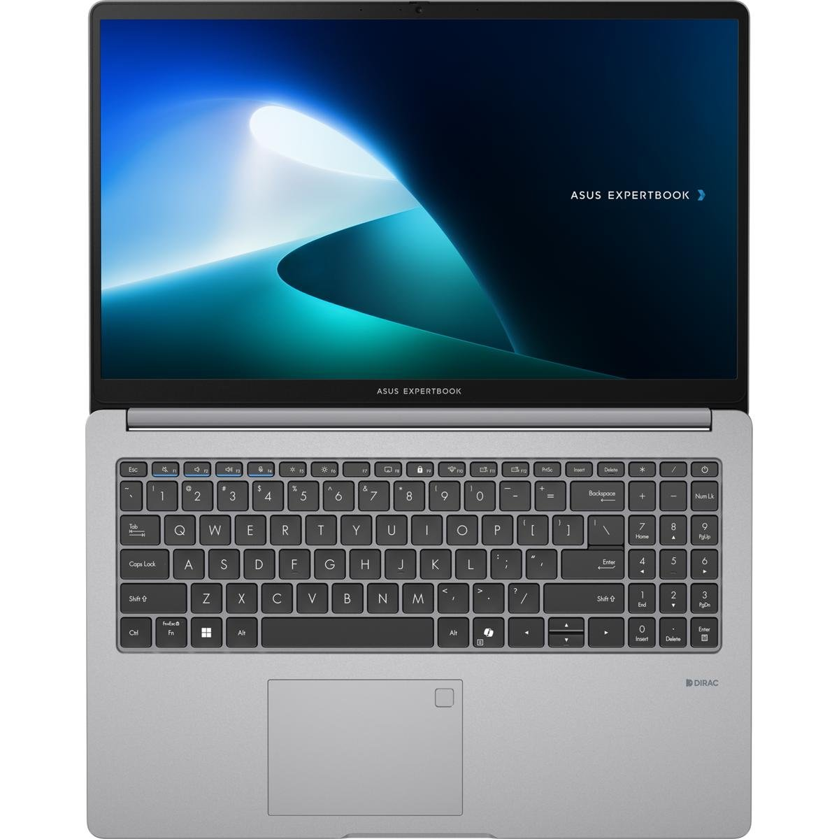 Der offene silberne Laptop hat den Text 'ASUS EXPERTBOOK' auf dem Bildschirm und eine vollständige Tastatur mit Touchpad.