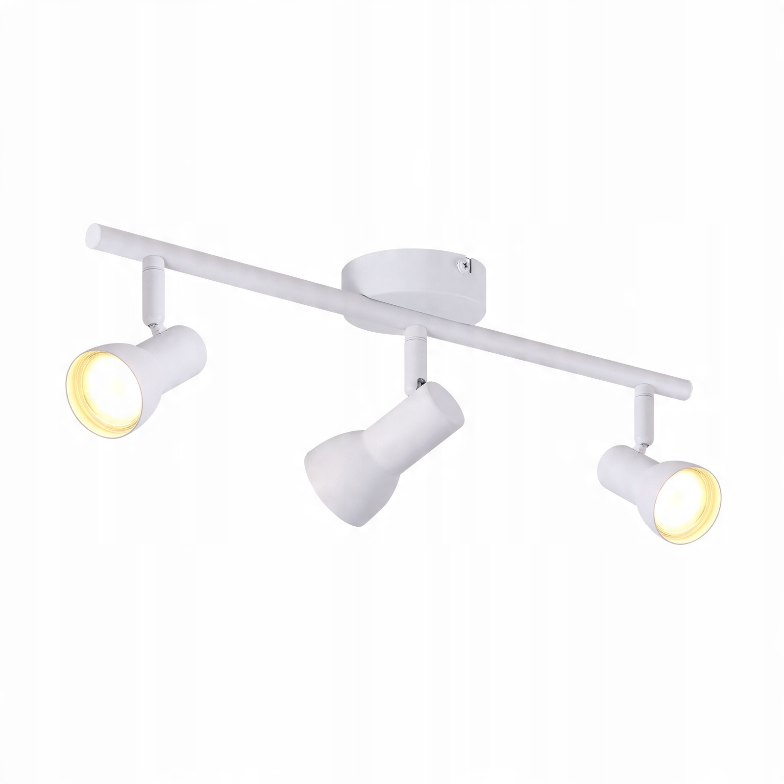 Un apparecchio di illuminazione a soffitto bianco con tre faretti regolabili. È montato su uno sfondo bianco.