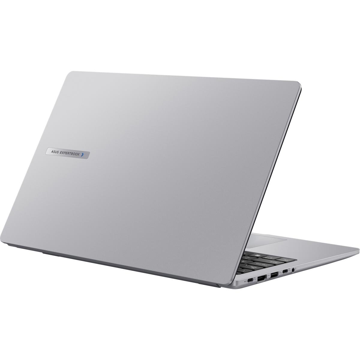 Die Rückseite eines silbernen Laptops mit dem Logo 'ASUS EXPERTBOOK' auf dem Deckel. Der Laptop steht auf einer weißen Oberfläche.
