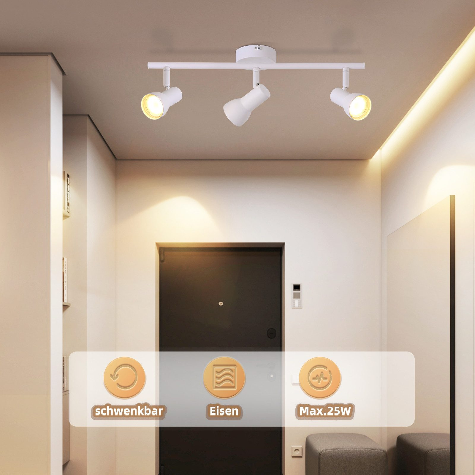 Una plafoniera bianca con tre faretti è montata sul soffitto. Ci sono tre icone nella parte inferiore dell'immagine.