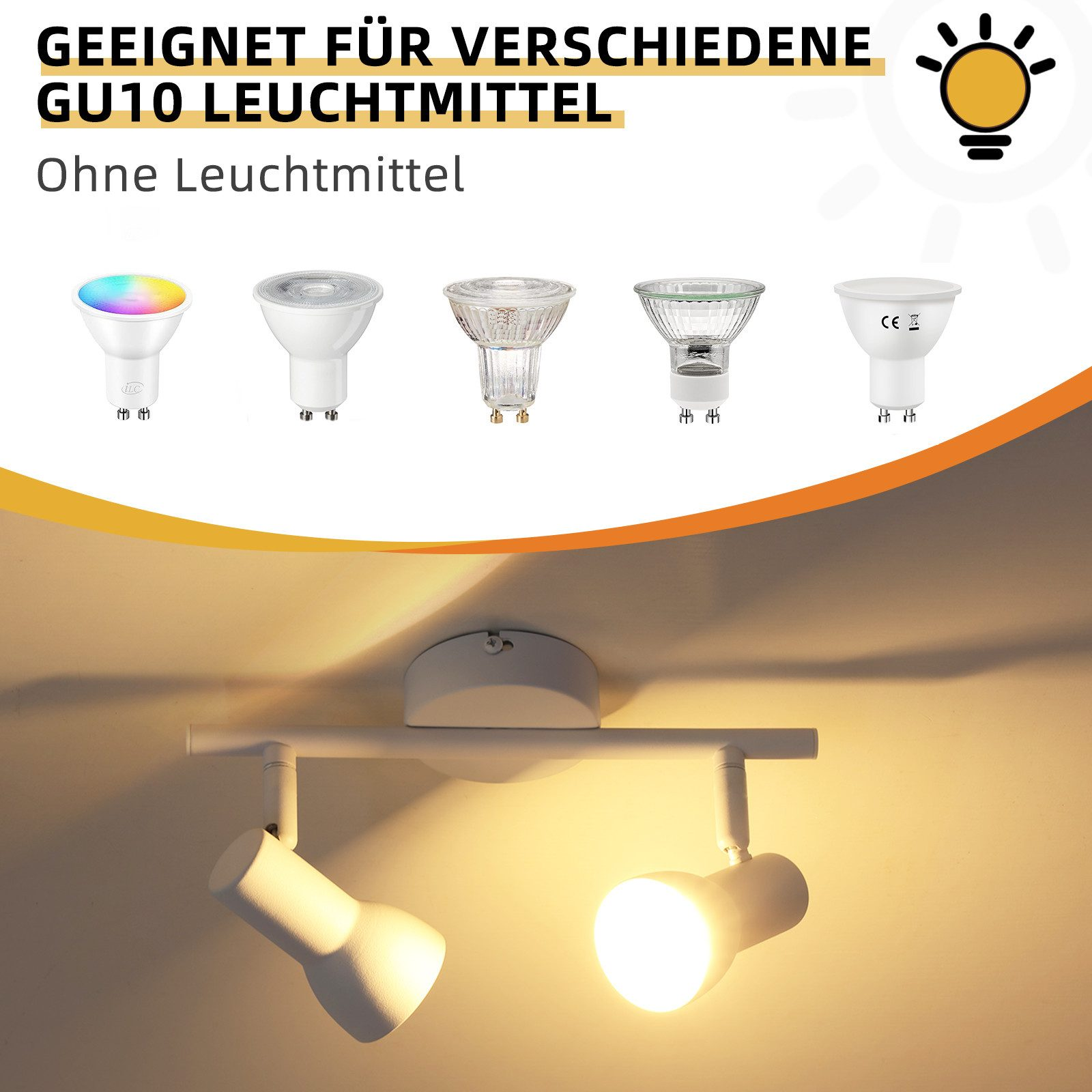 Una plafoniera bianca con due faretti. Ci sono cinque diversi tipi di lampadine visualizzate in alto.