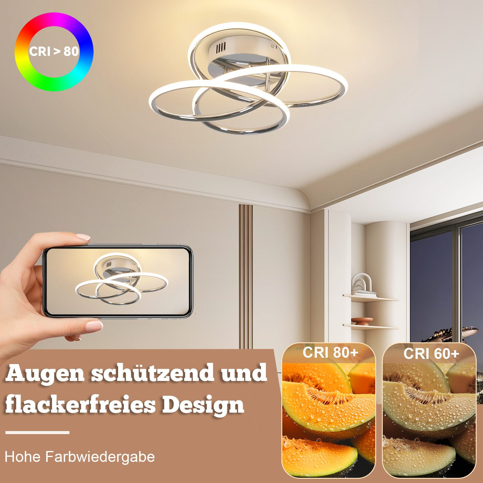 Una lámpara de techo moderna con anillos entrelazados. Un teléfono muestra la luz. Melones están en la parte inferior.