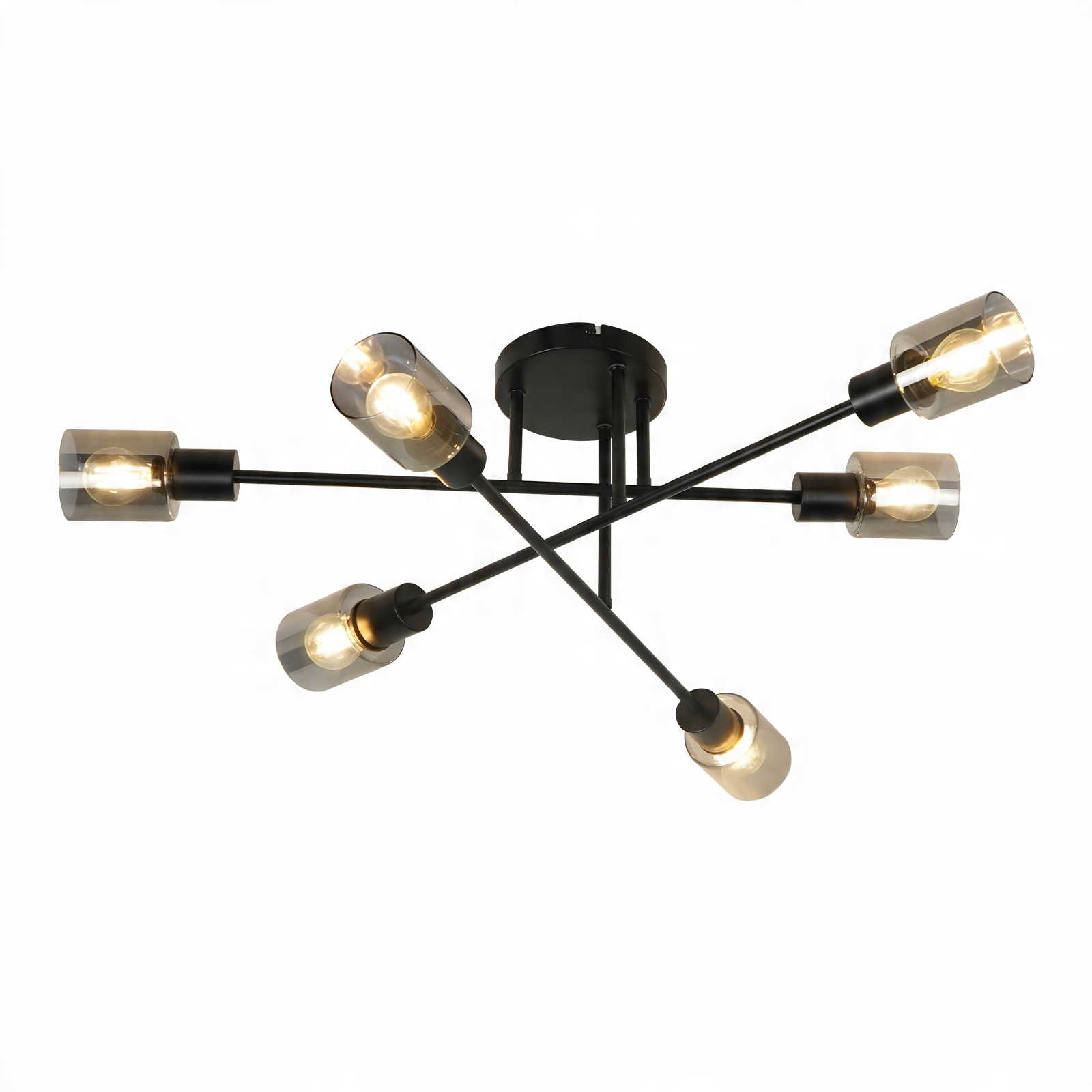 Un moderno lampadario nero con sei lampadine coperte di vetro si estende da un punto centrale su uno sfondo bianco.