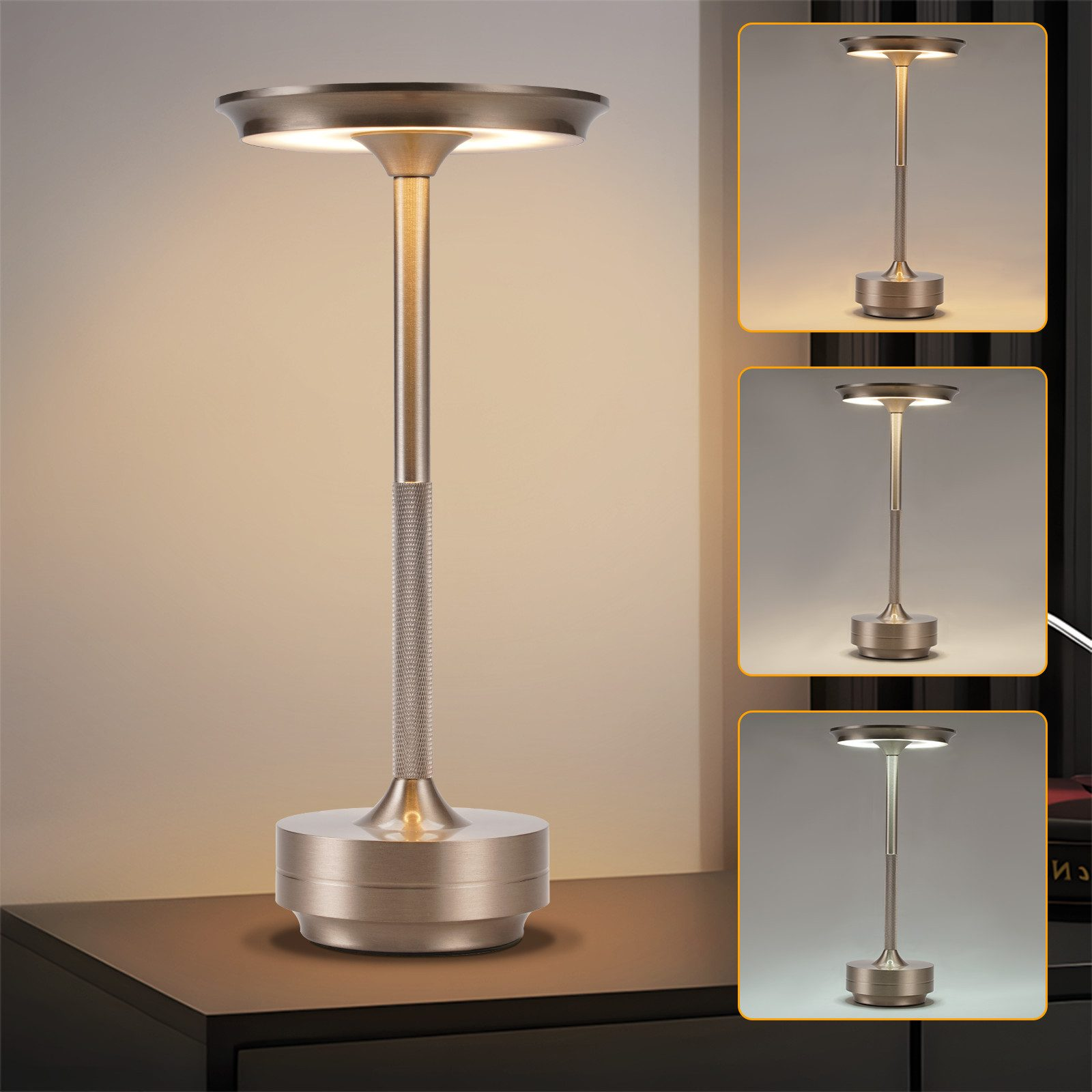 Srebrna lampa na stole. Pokazano trzy dodatkowe ustawienia światła.